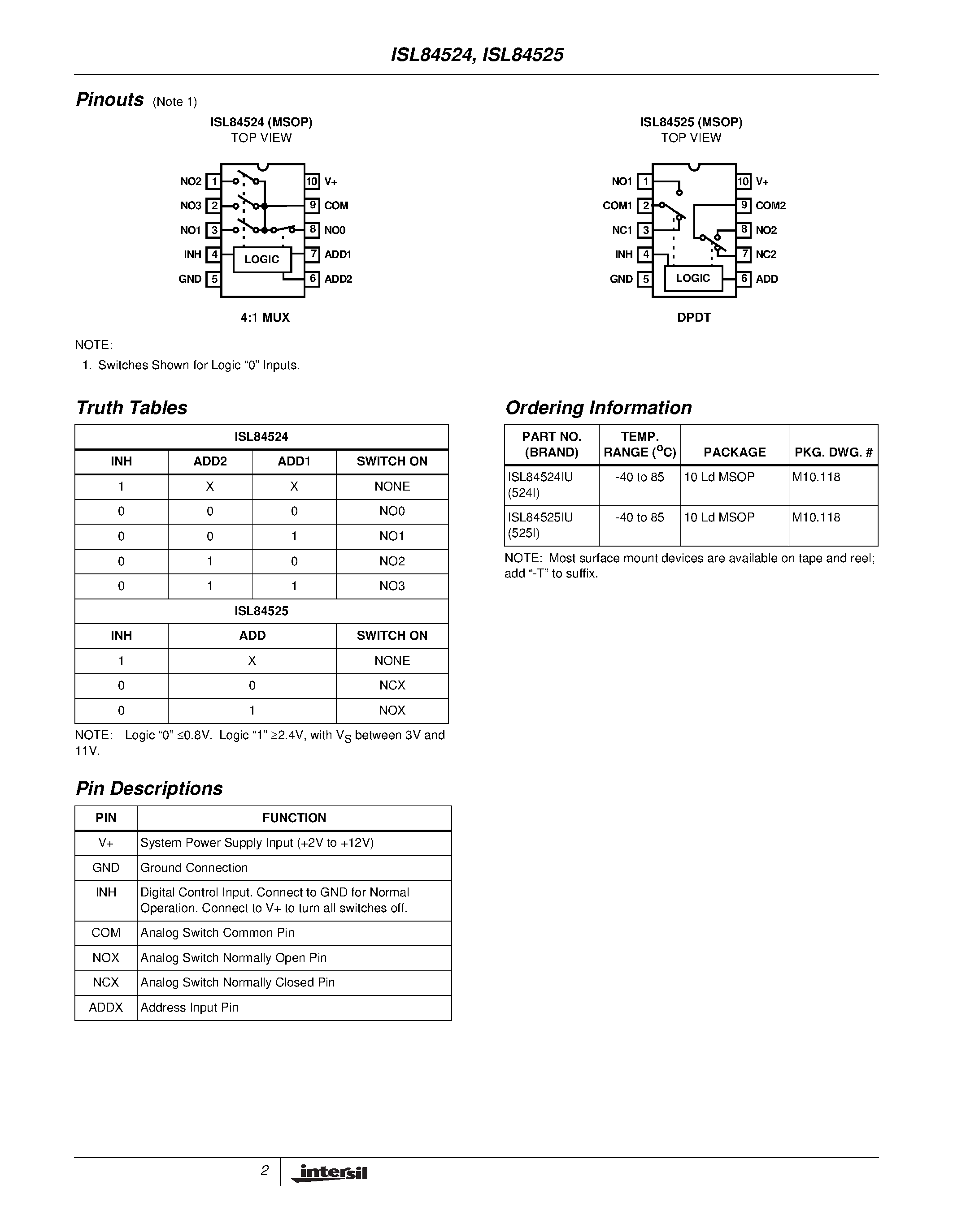 Datasheet ISL84524 - Low-Voltage/ Single Supply/ 4 to 1 Multiplexer and DPDT Analog Switches page 2