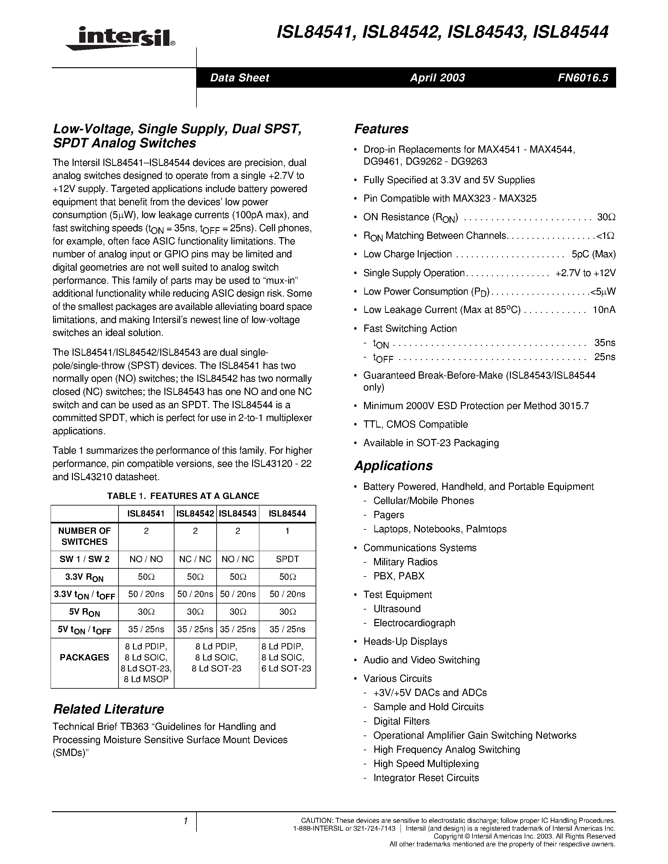 Datasheet ISL84541 - Low-Voltage/ Single Supply/ Dual SPST/ SPDT Analog Switches page 1