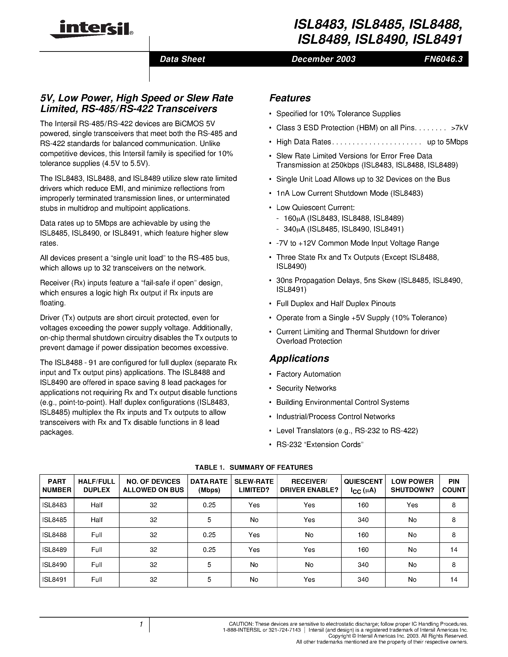 Datasheet ISL8483 - 5V/ Low Power/ High Speed or Slew Rate Limited/ RS-485/RS-422 Transceivers page 1