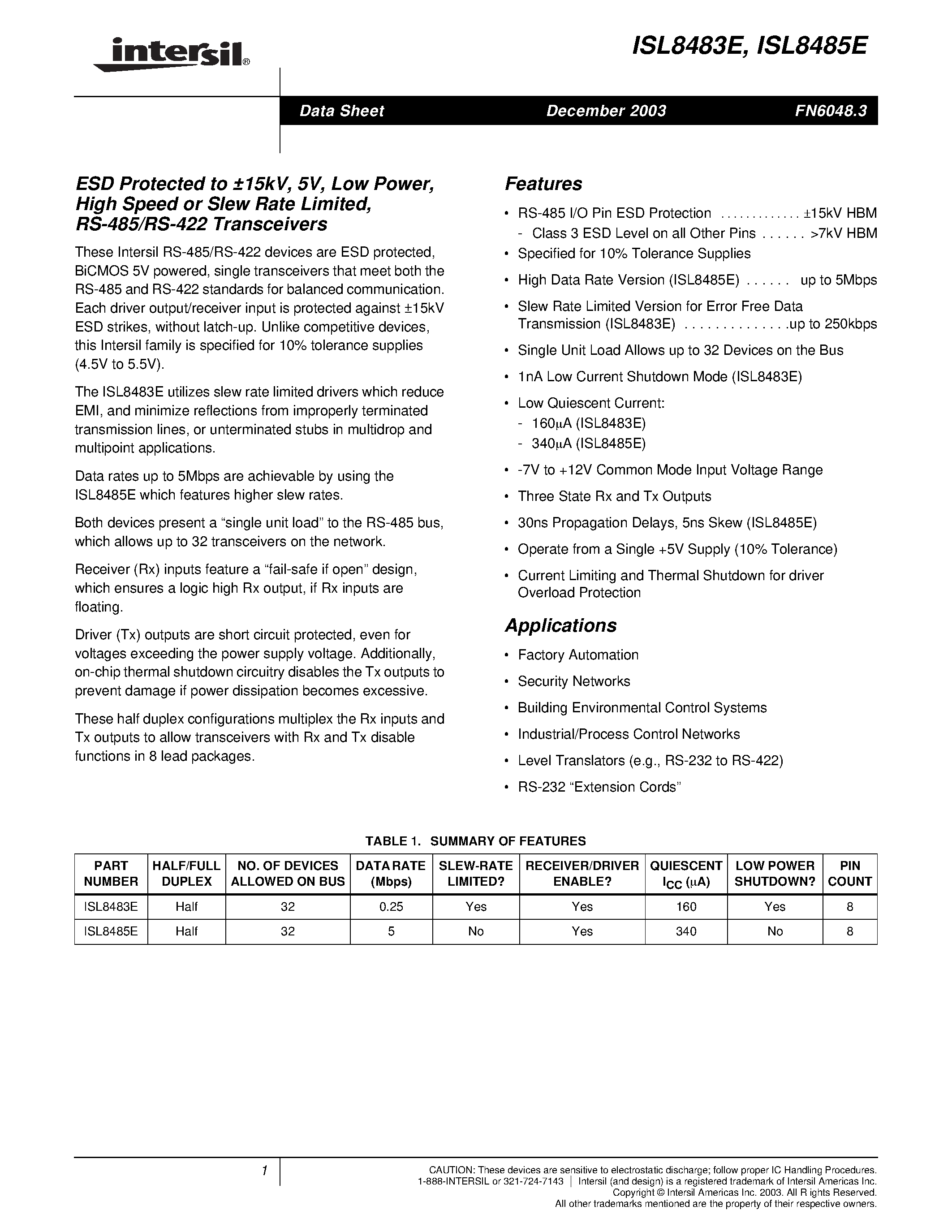 Datasheet ISL8483EIB - ESD Protected to 15kV/ 5V/ Low Power/ High Speed or Slew Rate Limited/ RS-485/RS-422 Transceivers page 1