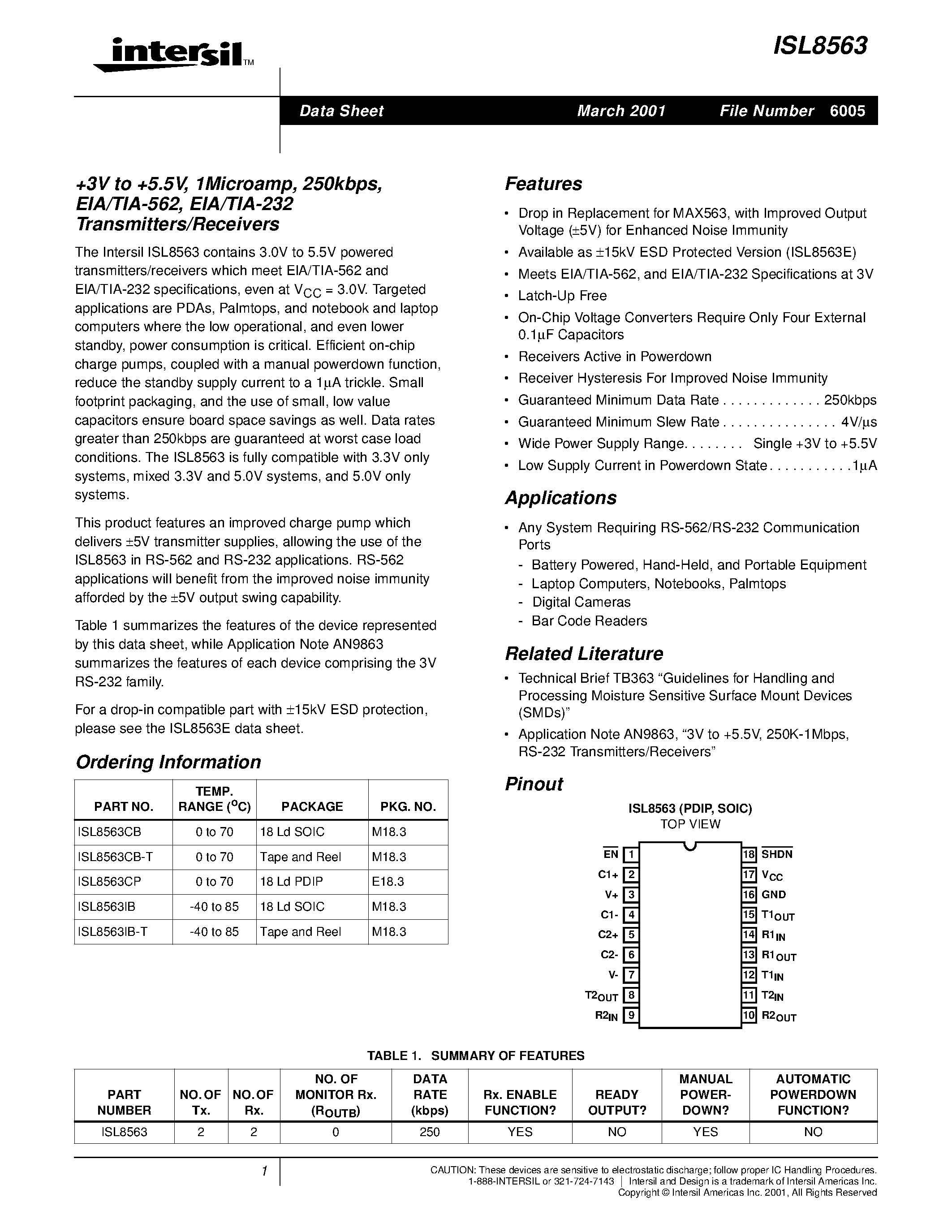 Datasheet ISL8563CB - +3V to +5.5V/ 1Microamp/ 250kbps/ EIA/TIA-562/ EIA/TIA-232 Transmitters/Receivers page 1