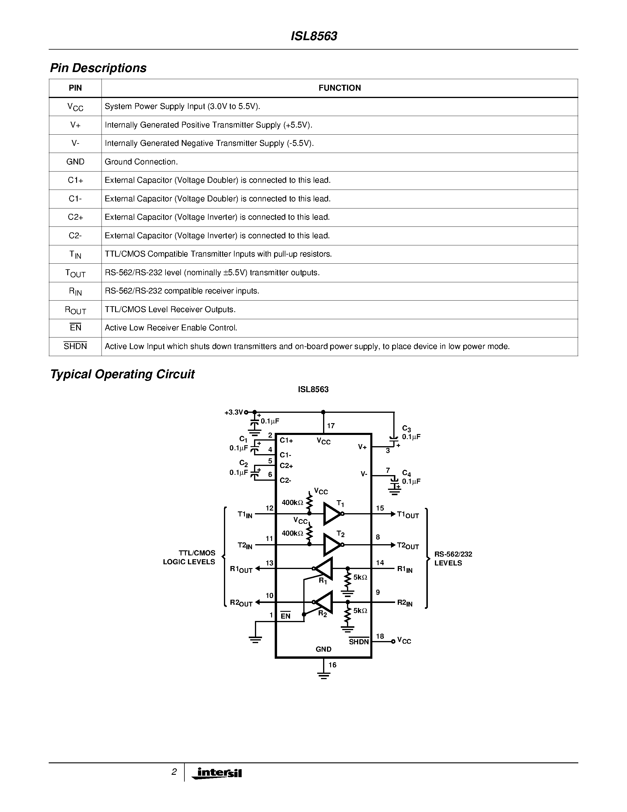 Datasheet ISL8563CB - +3V to +5.5V/ 1Microamp/ 250kbps/ EIA/TIA-562/ EIA/TIA-232 Transmitters/Receivers page 2