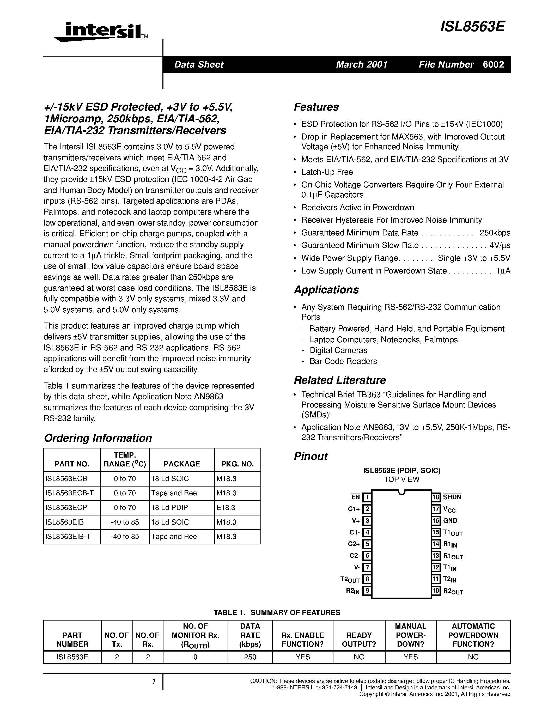 Datasheet ISL8563E - +/-15kV ESD Protected/ +3V to +5.5V/ 1Microamp/ 250kbps/ EIA/TIA-562/ EIA/TIA-232 Transmitters/Receivers page 1