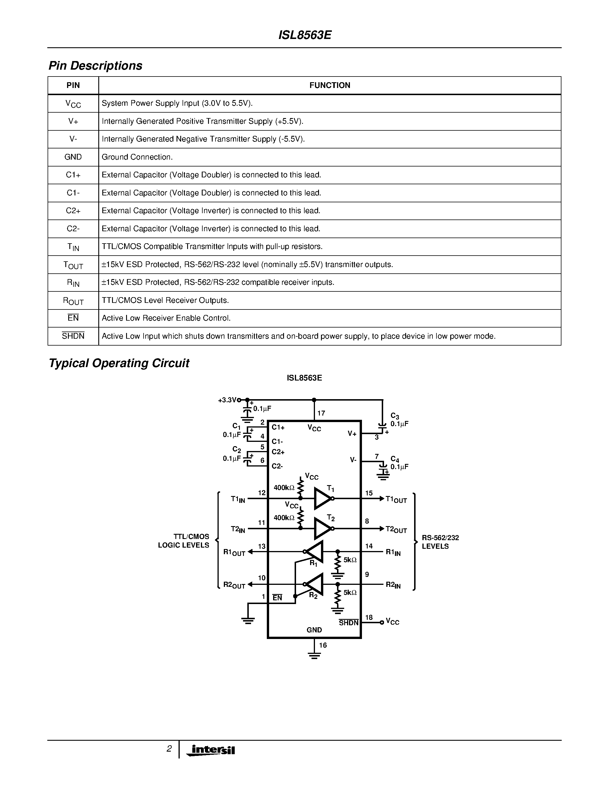 Datasheet ISL8563E - +/-15kV ESD Protected/ +3V to +5.5V/ 1Microamp/ 250kbps/ EIA/TIA-562/ EIA/TIA-232 Transmitters/Receivers page 2