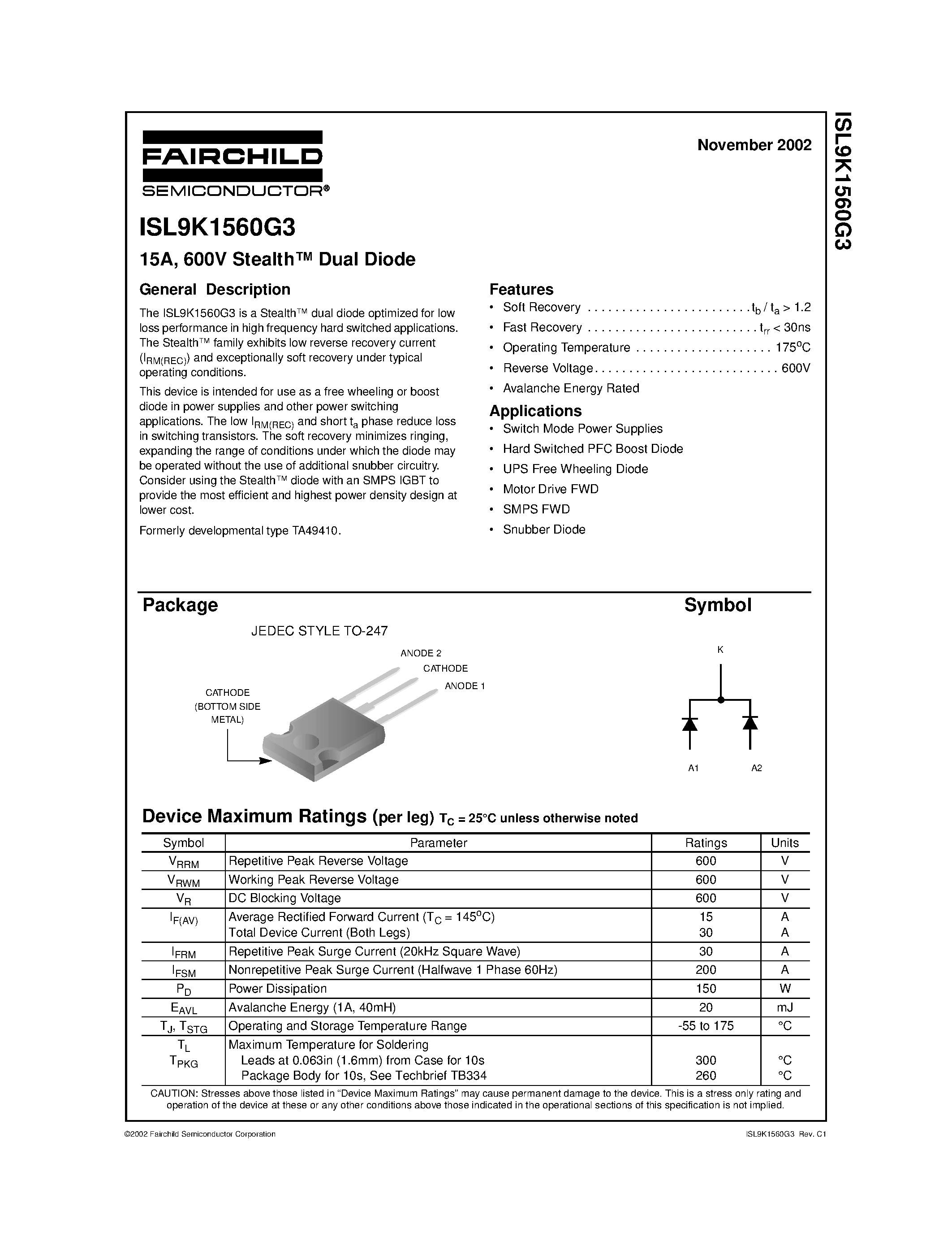 Datasheet ISL9K1560G3 - 15A/ 600V Stealth Dual Diode page 1