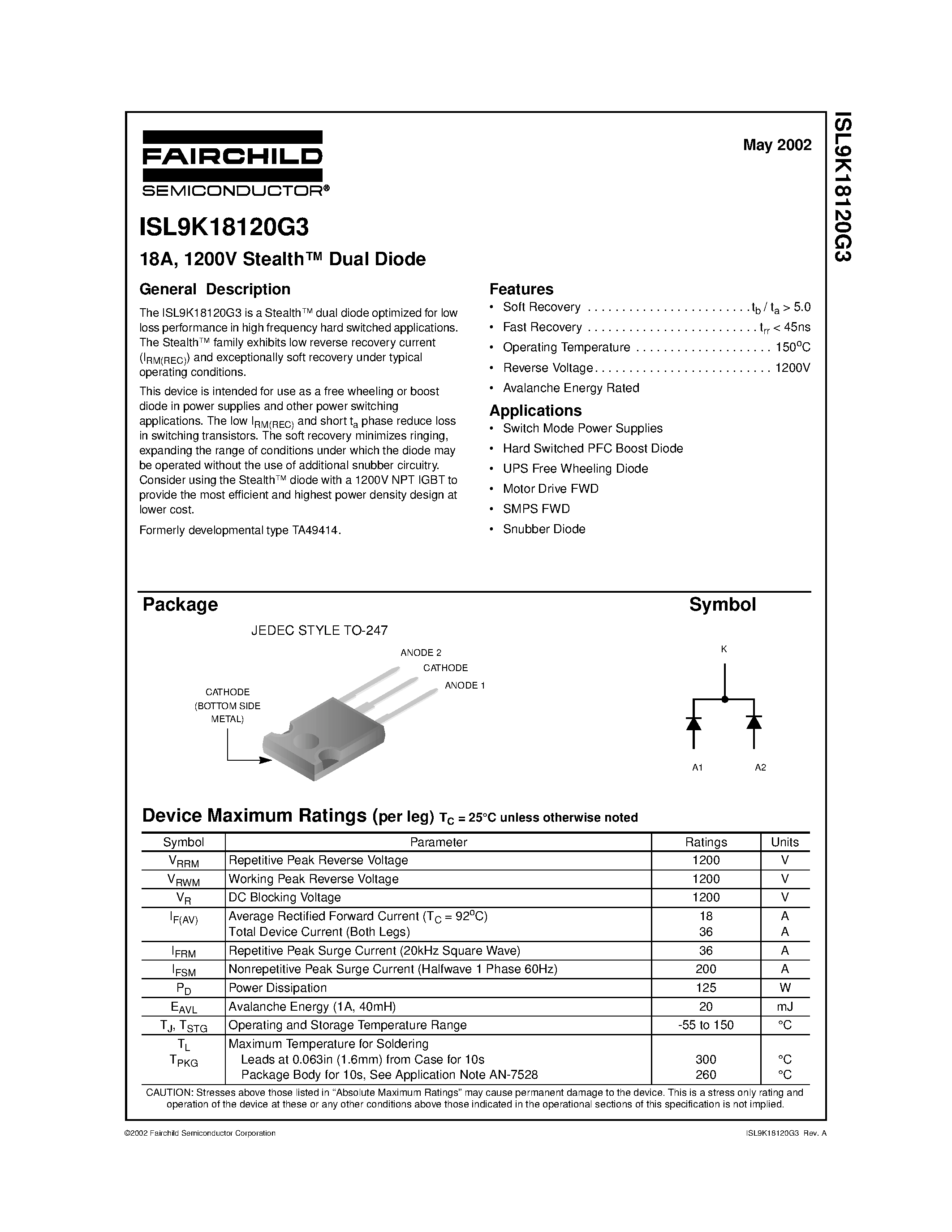 Datasheet ISL9K18120G3 - 18A/ 1200V Stealth Dual Diode page 1