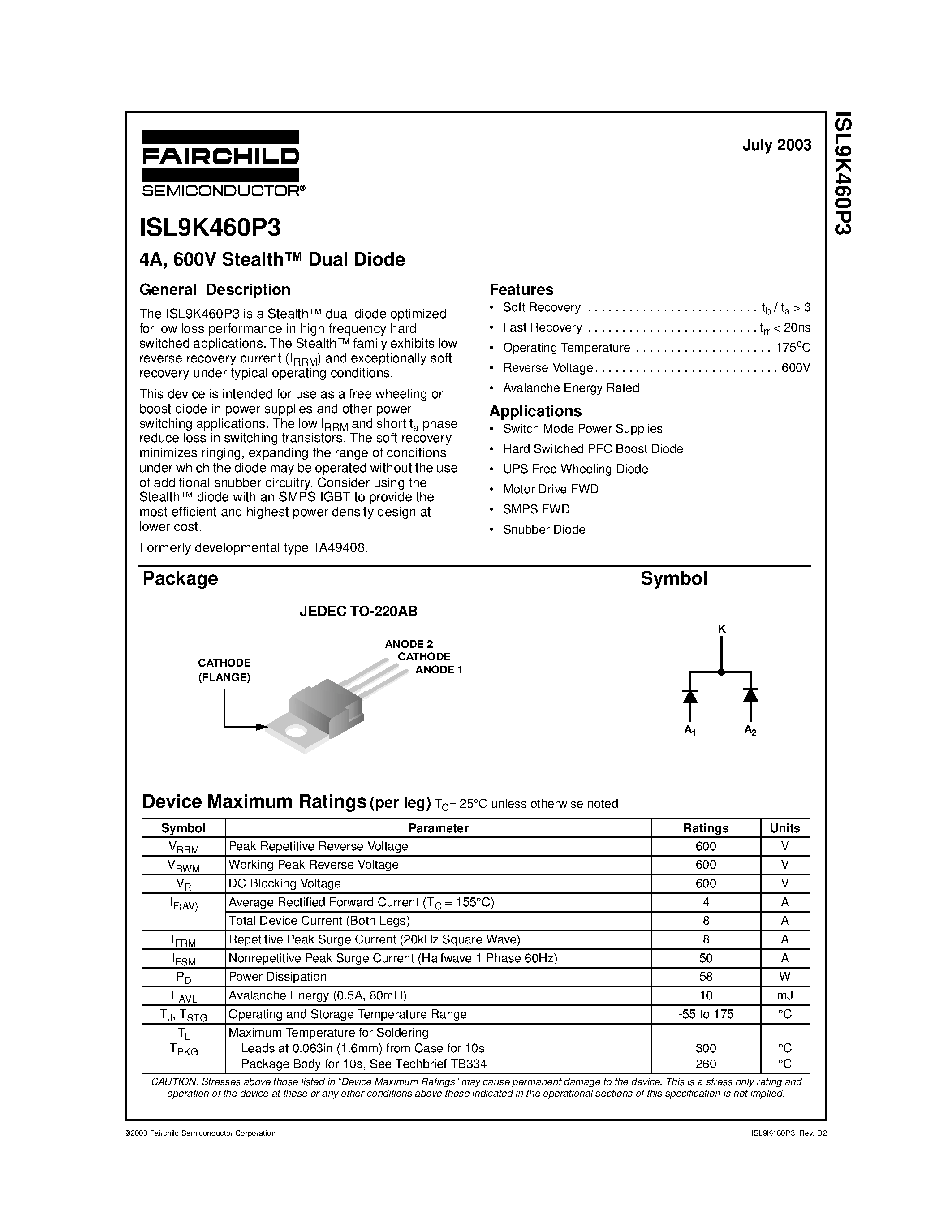 Datasheet ISL9K460P3 - 4A/ 600V Stealth Dual Diode page 1