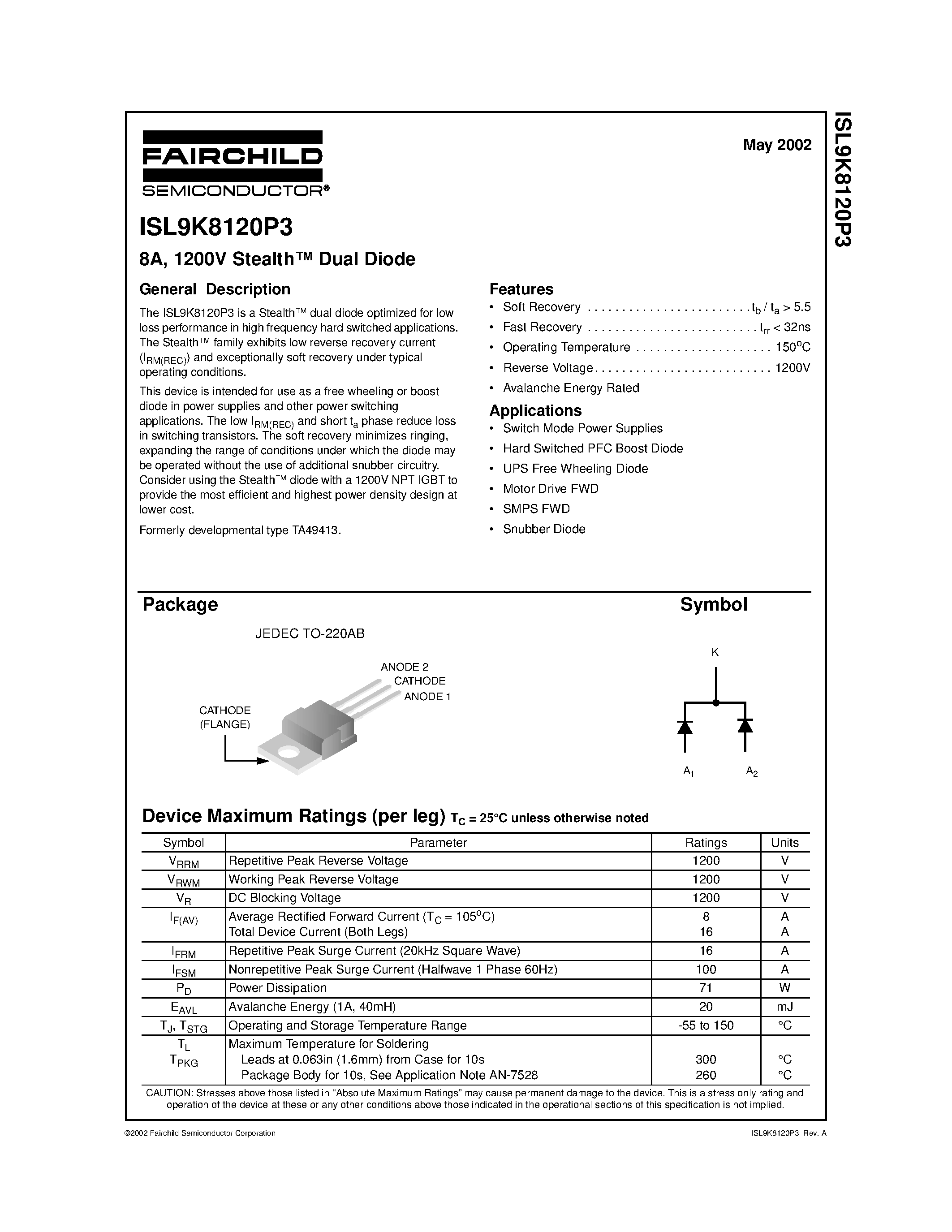 Datasheet ISL9K8120P3 - 8A/ 1200V Stealth Dual Diode page 1