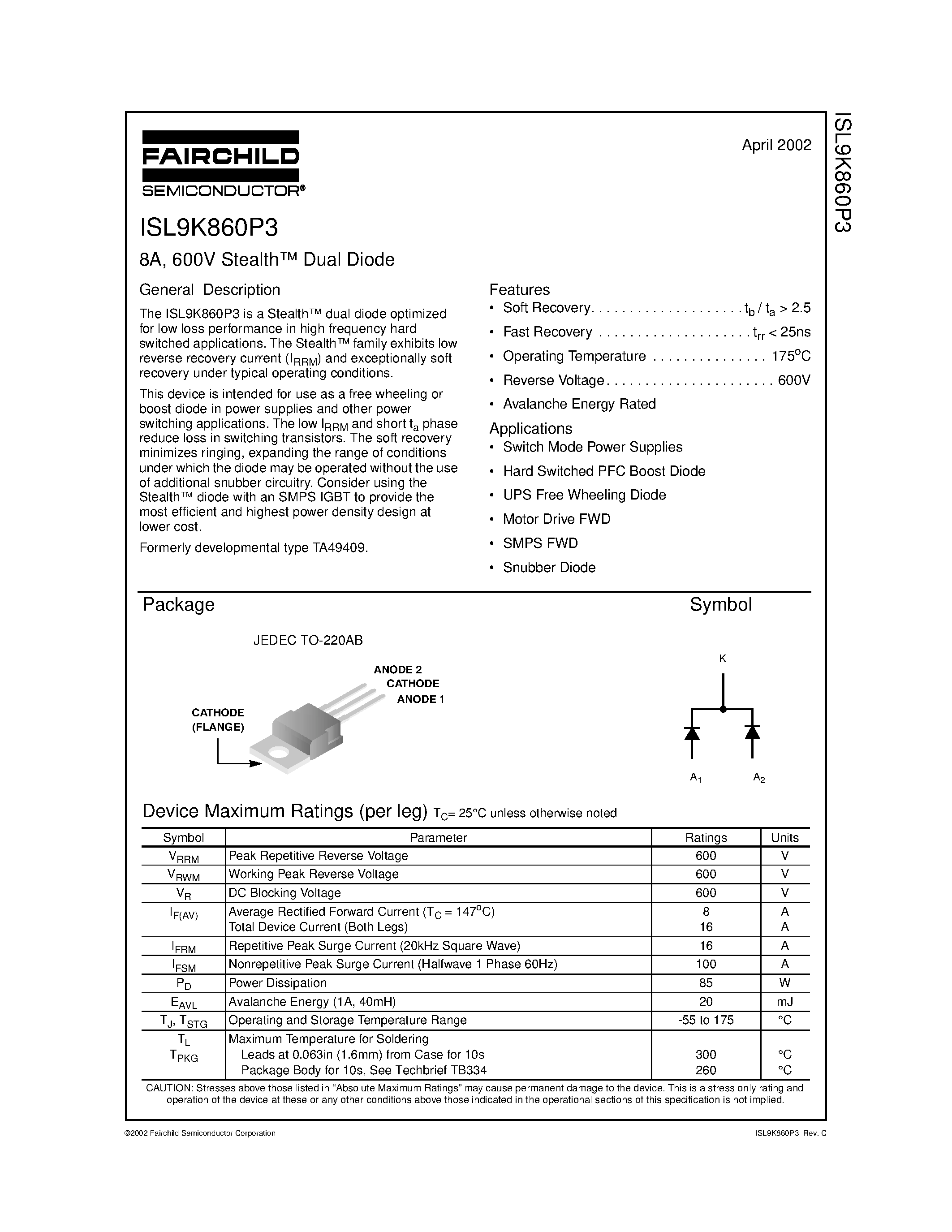 Datasheet ISL9K860P3 - 8A/ 600V Stealth Dual Diode page 1