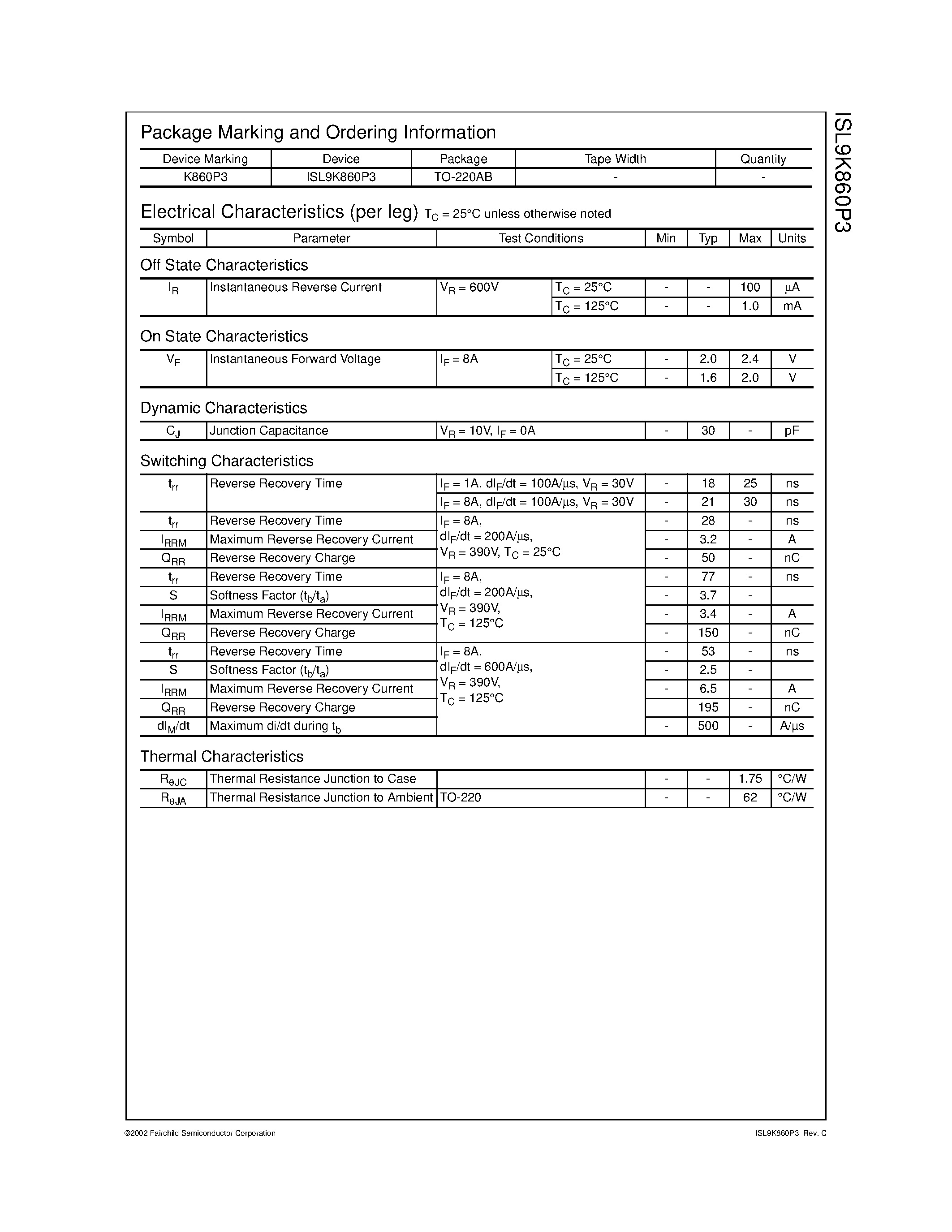 Datasheet ISL9K860P3 - 8A/ 600V Stealth Dual Diode page 2