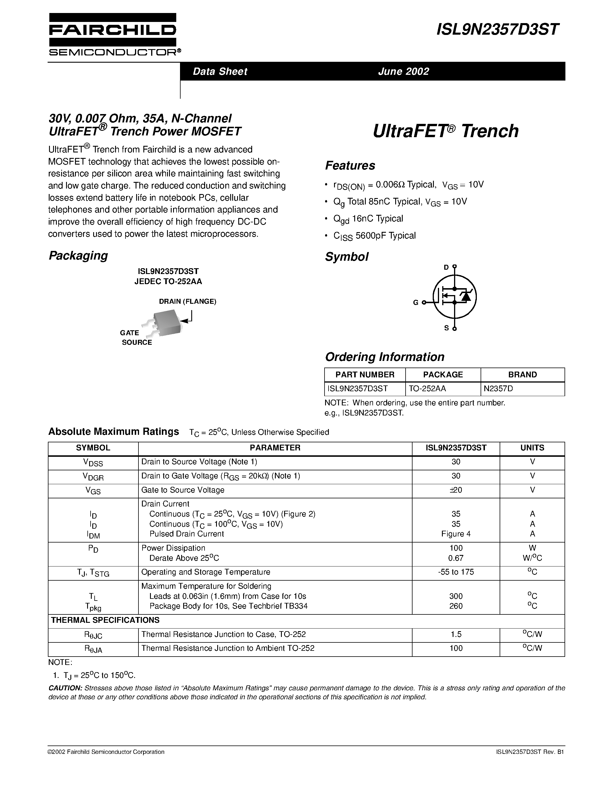 Datasheet ISL9N2357D3ST - 30V/ 0.007 Ohm/ 35A/ N-Channel UltraFET Trench Power MOSFET page 1