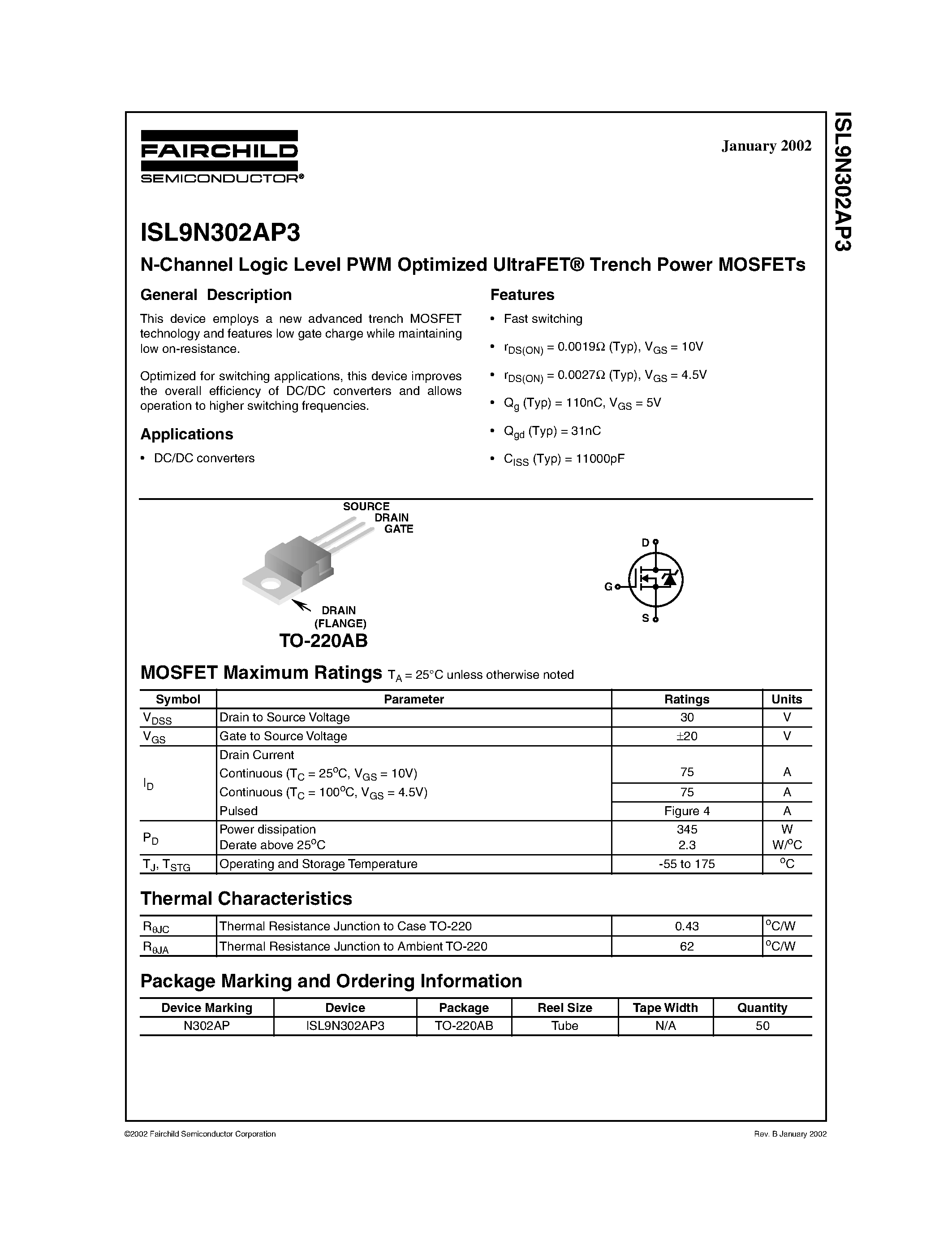 Datasheet ISL9N302AP3 - N-Channel Logic Level PWM Optimized UltraFET Trench Power MOSFETs page 1