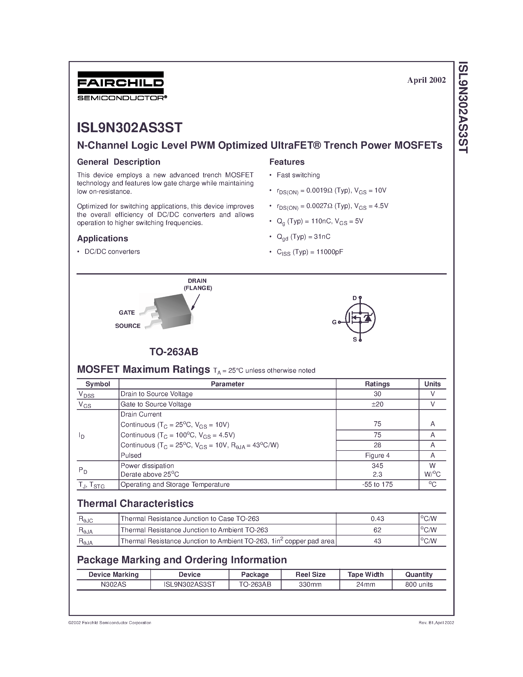 Datasheet ISL9N302AS3ST - N-Channel Logic Level PWM Optimized UltraFET Trench Power MOSFETs page 1