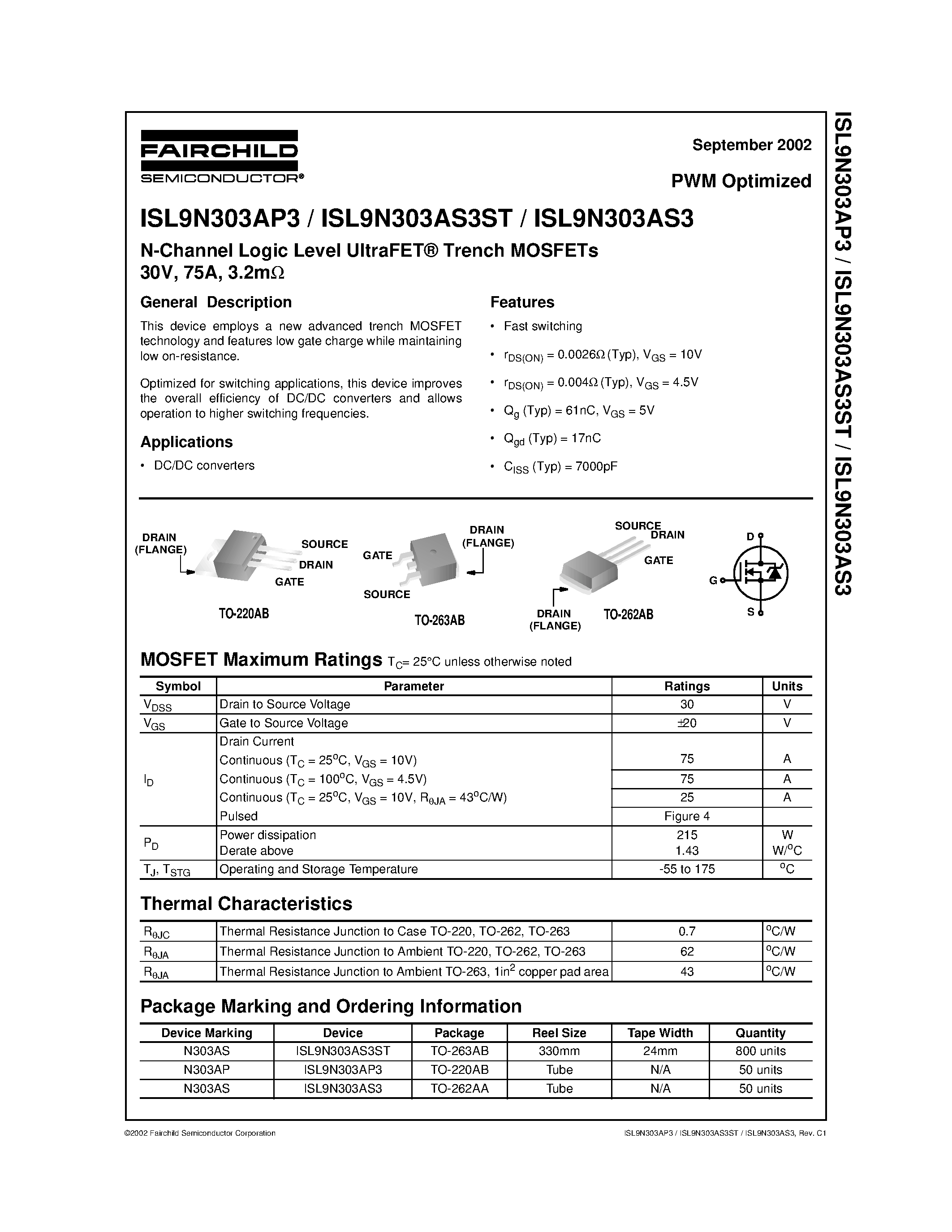 Datasheet ISL9N303AP3 - N-Channel Logic Level UltraFET Trench MOSFETs 30V/ 75A/ 3.2m page 1