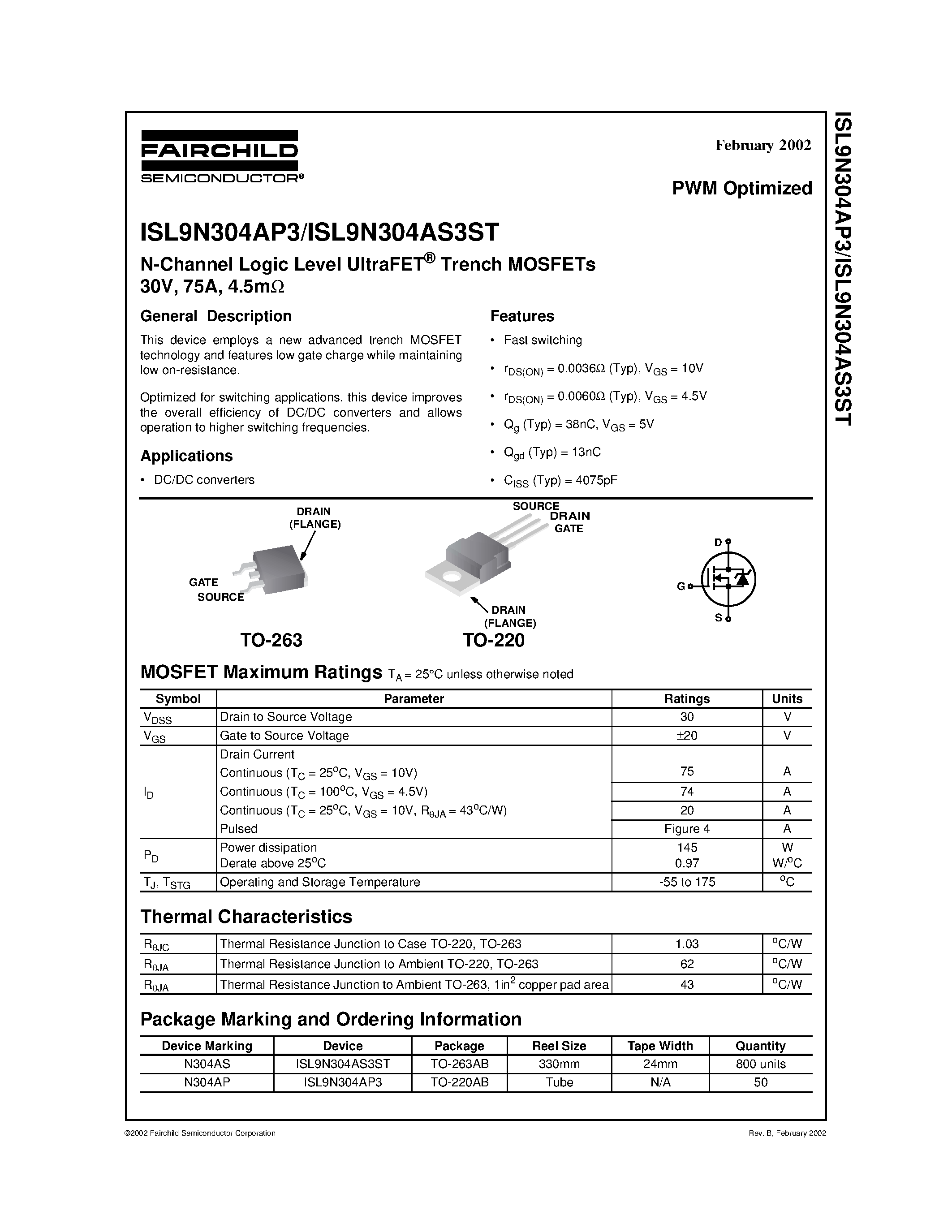 Datasheet ISL9N304AP3 - N-Channel Logic Level UltraFET Trench MOSFETs 30V/ 75A/ 4.5m page 1