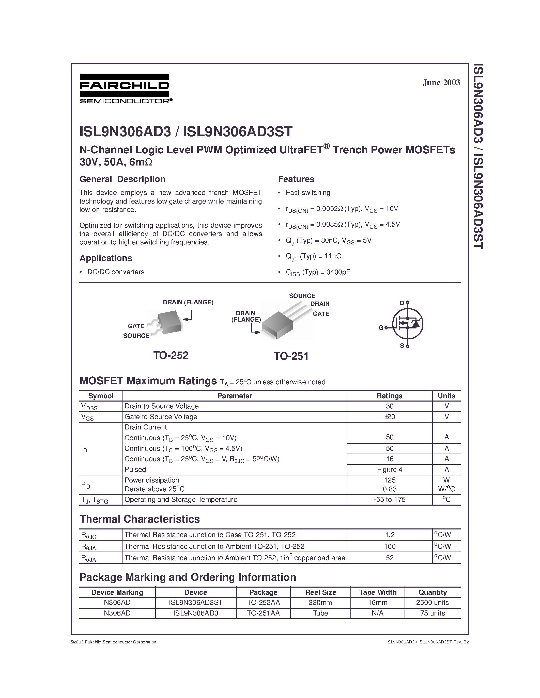 Datasheet ISL9N306AD3 - N-Channel Logic Level PWM Optimized UltraFET Trench Power MOSFETs 30V/ 50A/ 6m page 1