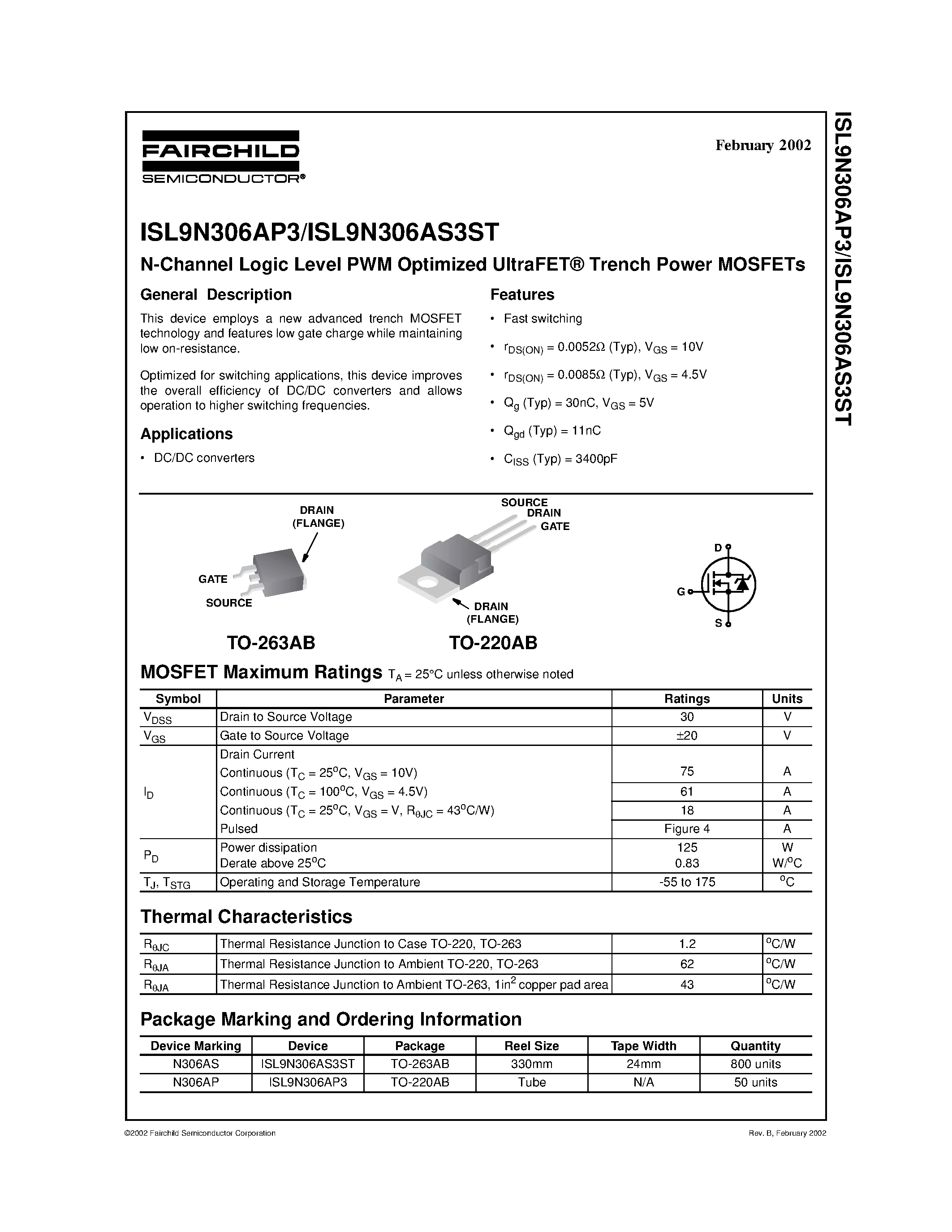 Datasheet ISL9N306AP3 - N-Channel Logic Level PWM Optimized UltraFET Trench Power MOSFETs page 1