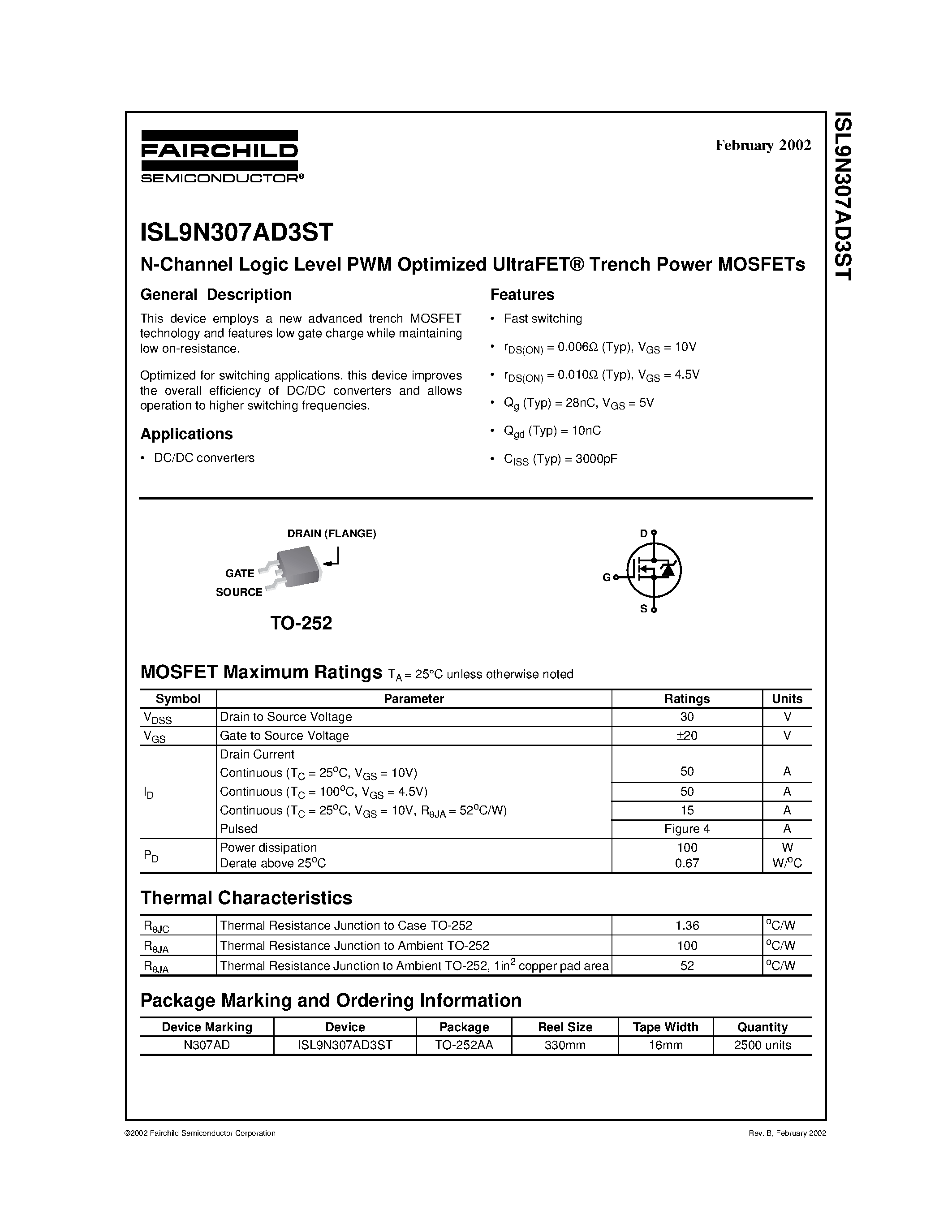 Datasheet ISL9N307AD3ST - N-Channel Logic Level PWM Optimized UltraFET Trench Power MOSFETs page 1