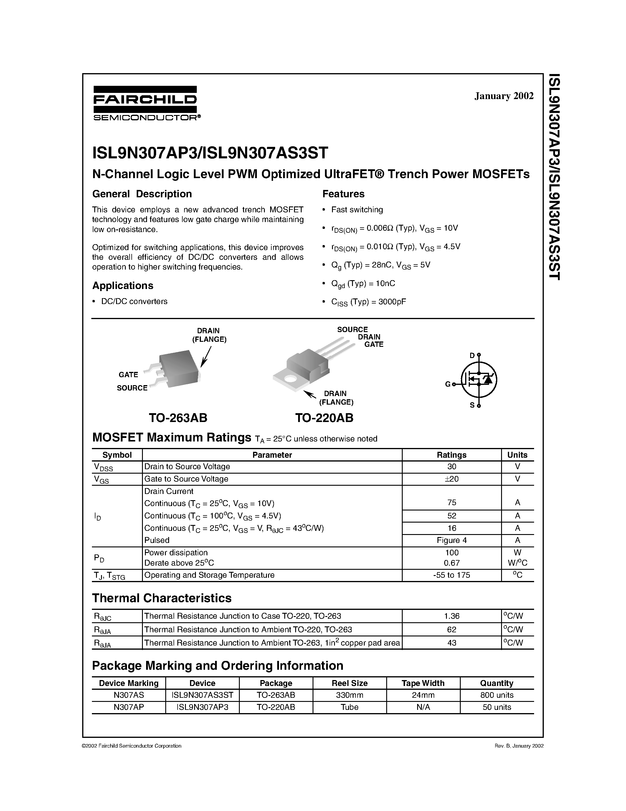 Datasheet ISL9N307AP3 - N-Channel Logic Level PWM Optimized UltraFET Trench Power MOSFETs page 1