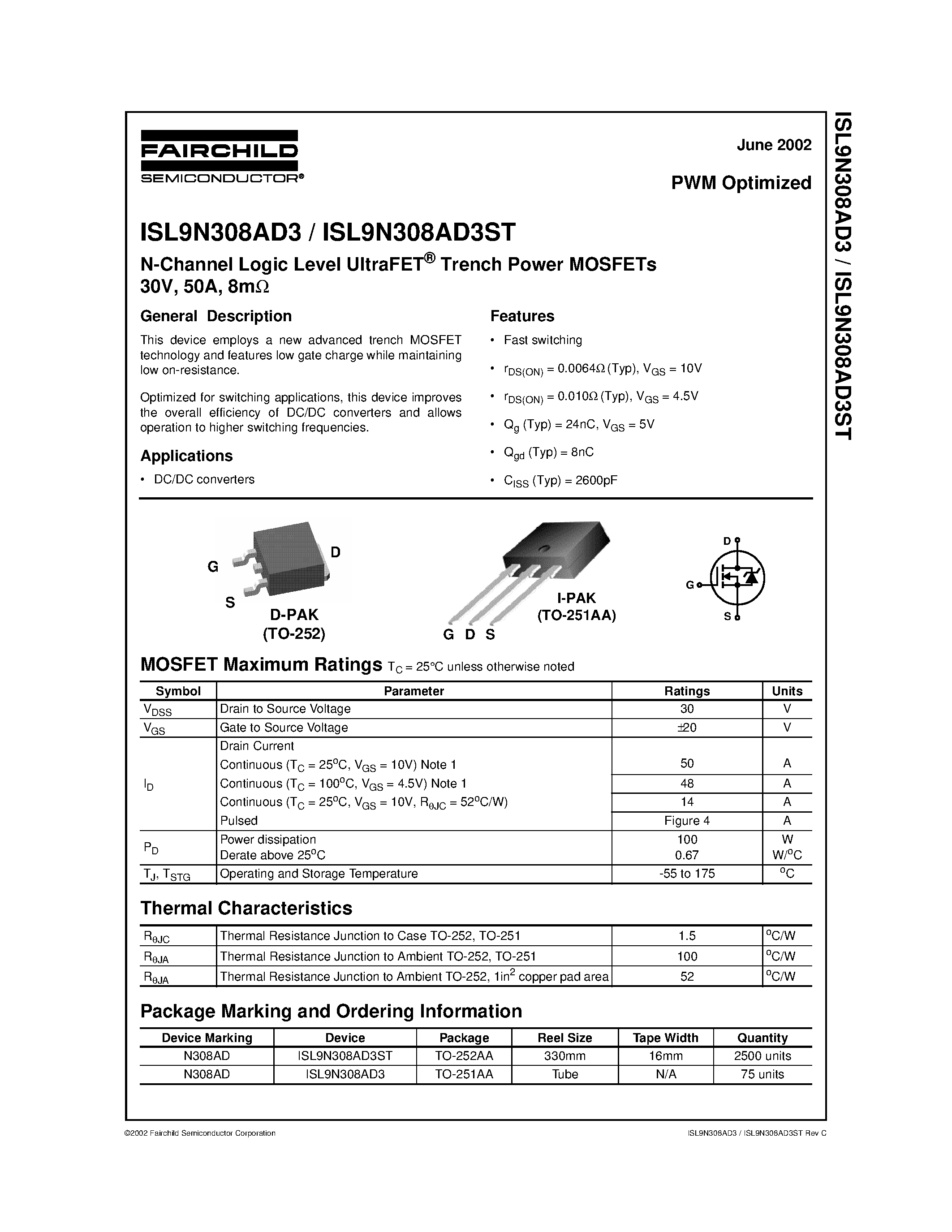 Datasheet ISL9N308AD3 - N-Channel Logic Level UltraFET Trench Power MOSFETs 30V/ 50A/ 8m page 1