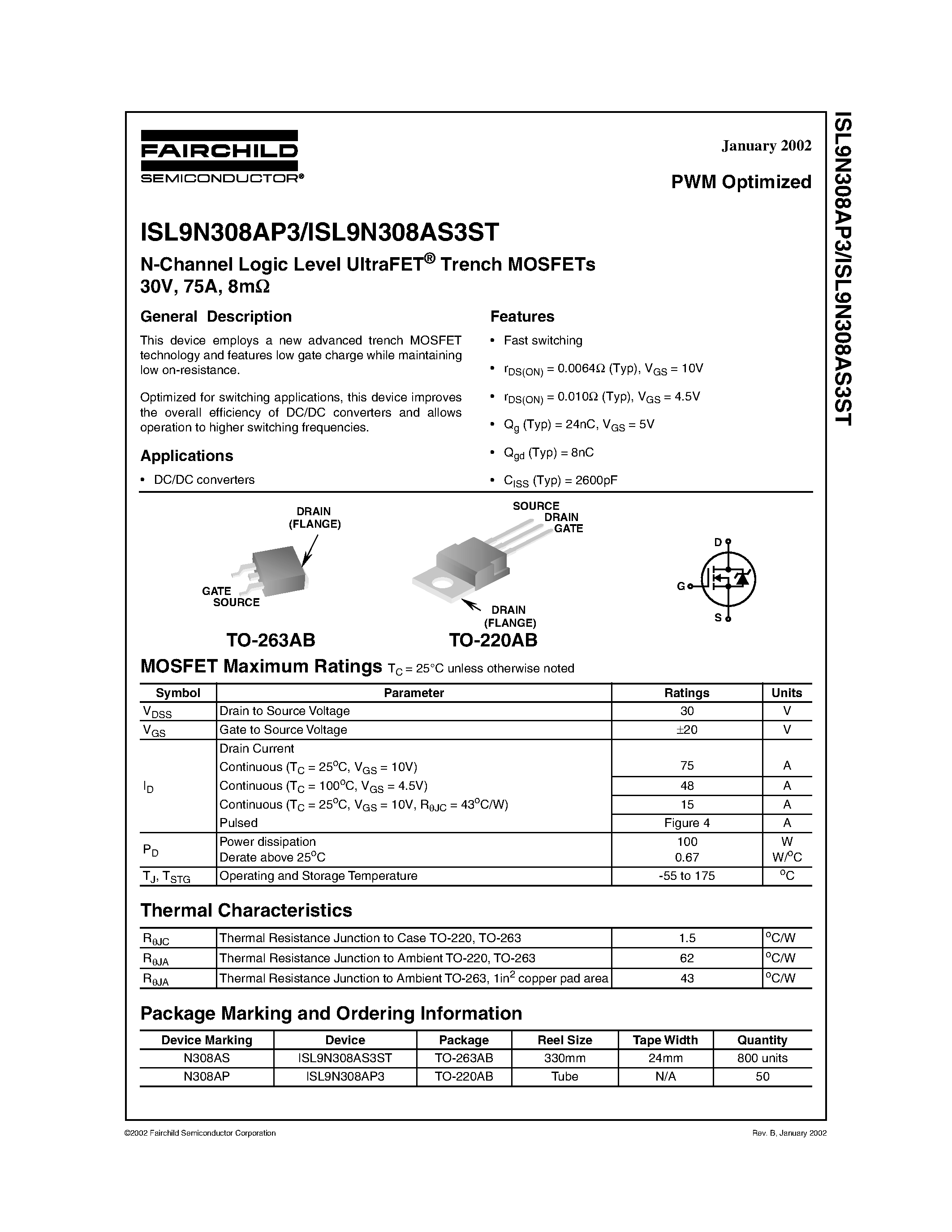 Datasheet ISL9N308AP3 - N-Channel Logic Level UltraFET Trench MOSFETs 30V/ 75A/ 8m page 1