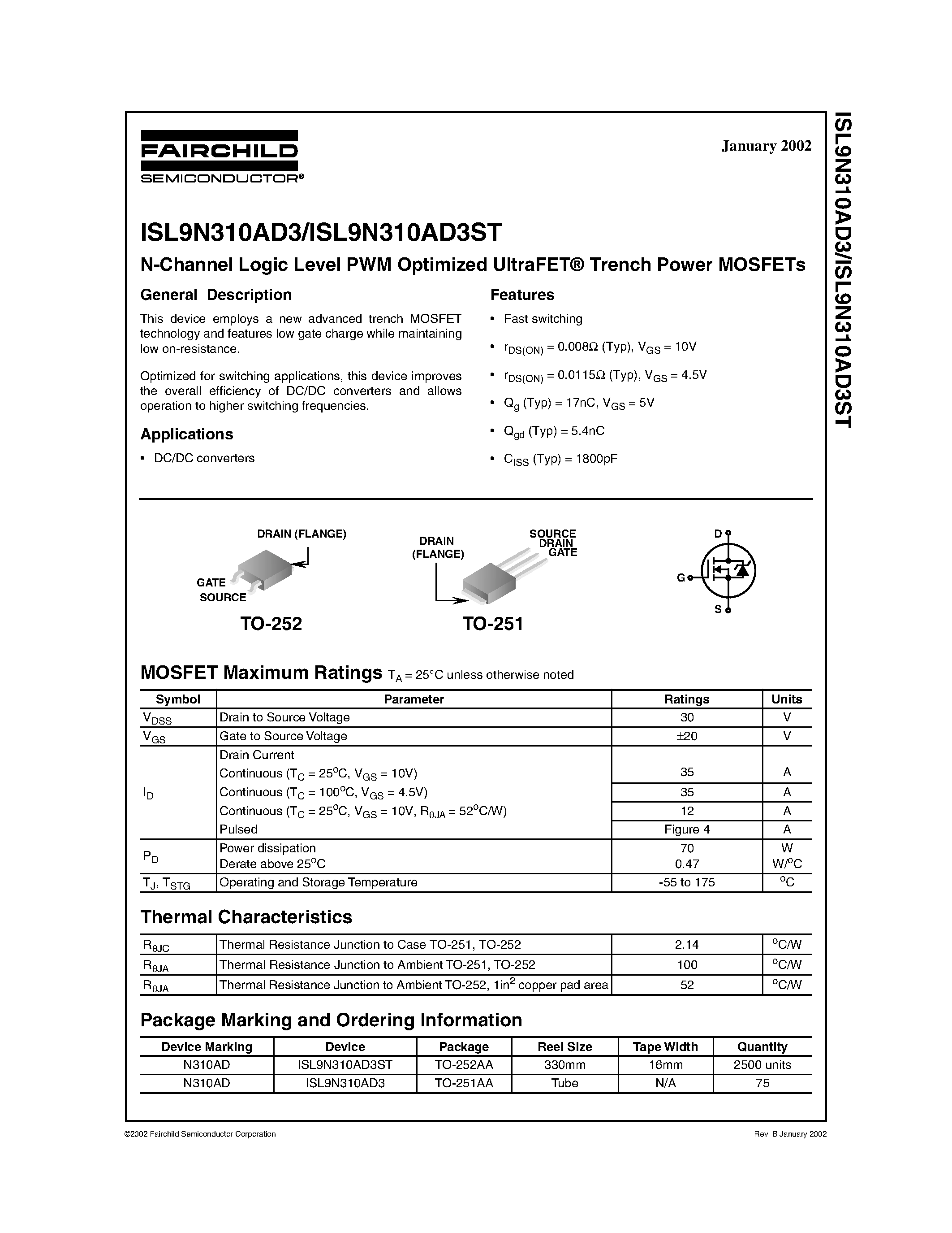 Datasheet ISL9N310AD3 - N-Channel Logic Level PWM Optimized UltraFET Trench Power MOSFETs page 1