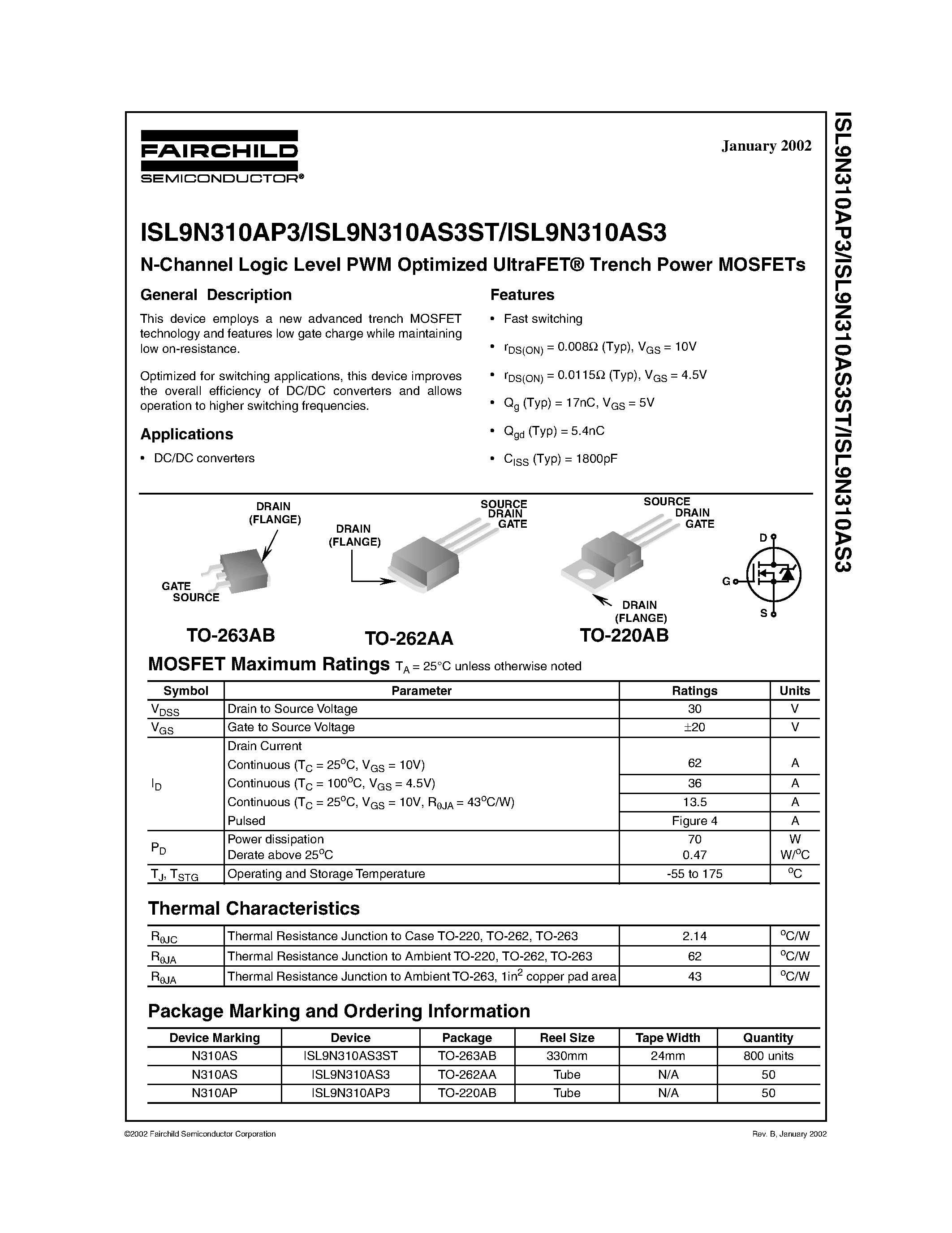 Datasheet ISL9N310AP3 - N-Channel Logic Level PWM Optimized UltraFET Trench Power MOSFETs page 1