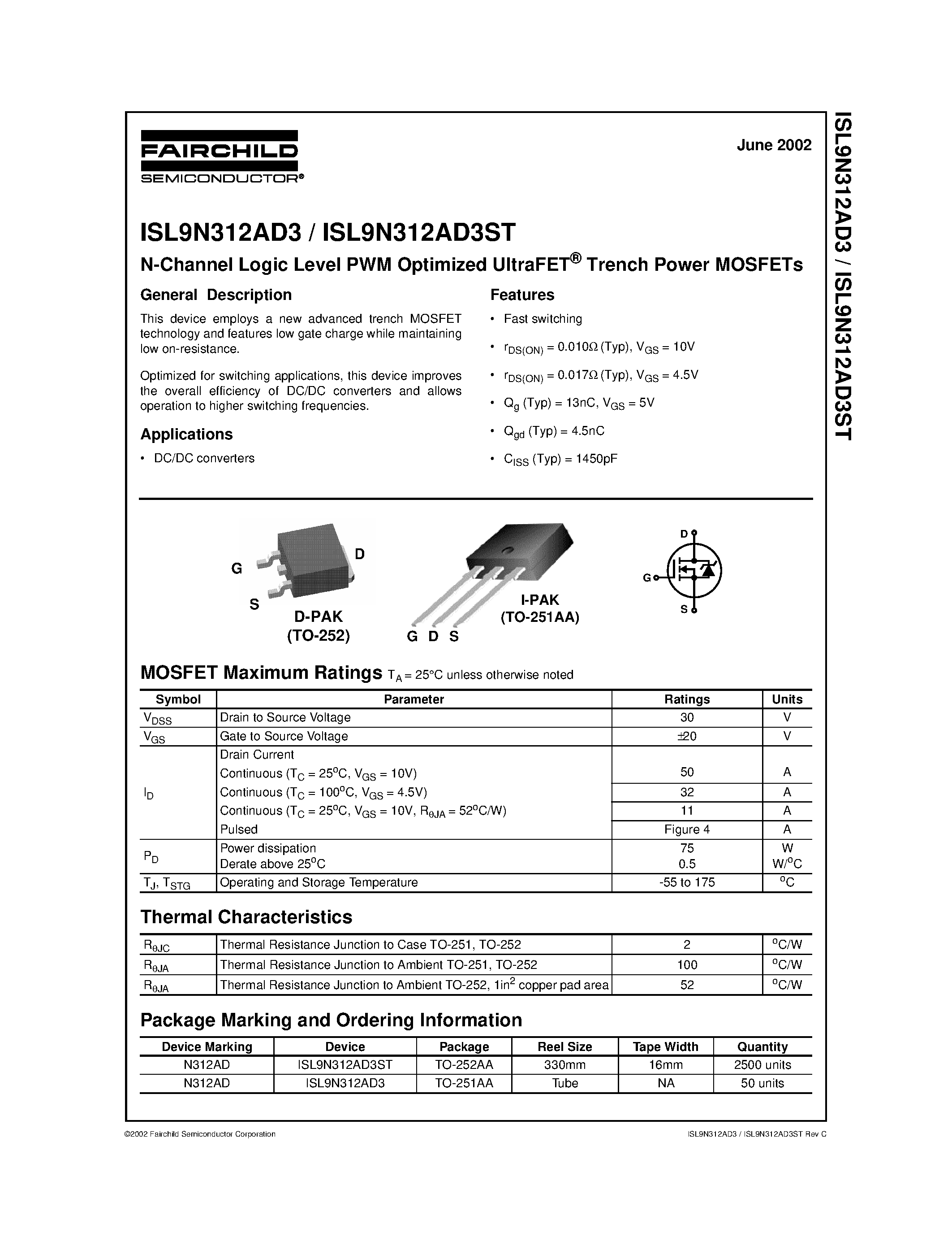 Datasheet ISL9N312AD3 - N-Channel Logic Level PWM Optimized UltraFET Trench Power MOSFETs page 1