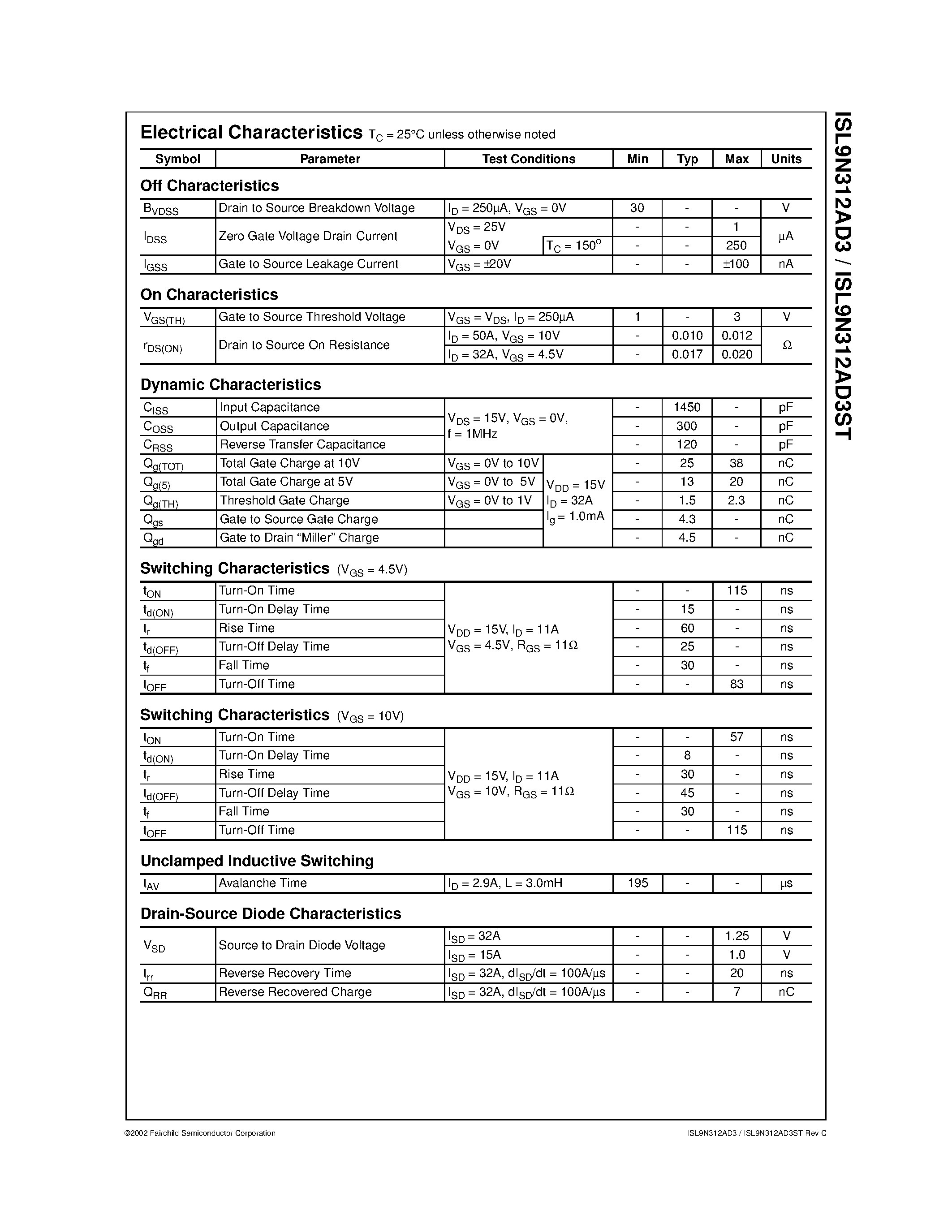 Datasheet ISL9N312AD3 - N-Channel Logic Level PWM Optimized UltraFET Trench Power MOSFETs page 2