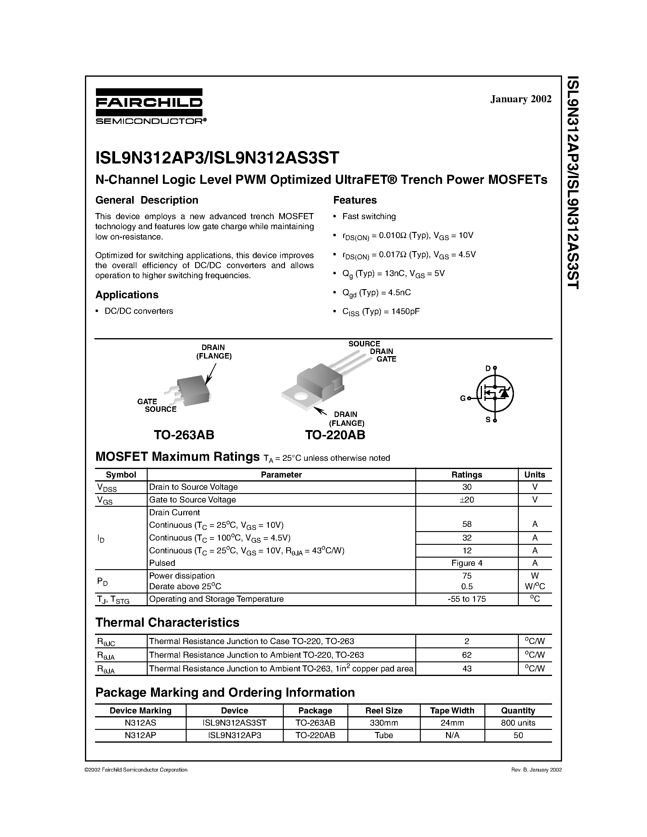 Datasheet ISL9N312AP3 - N-Channel Logic Level PWM Optimized UltraFET Trench Power MOSFETs page 1