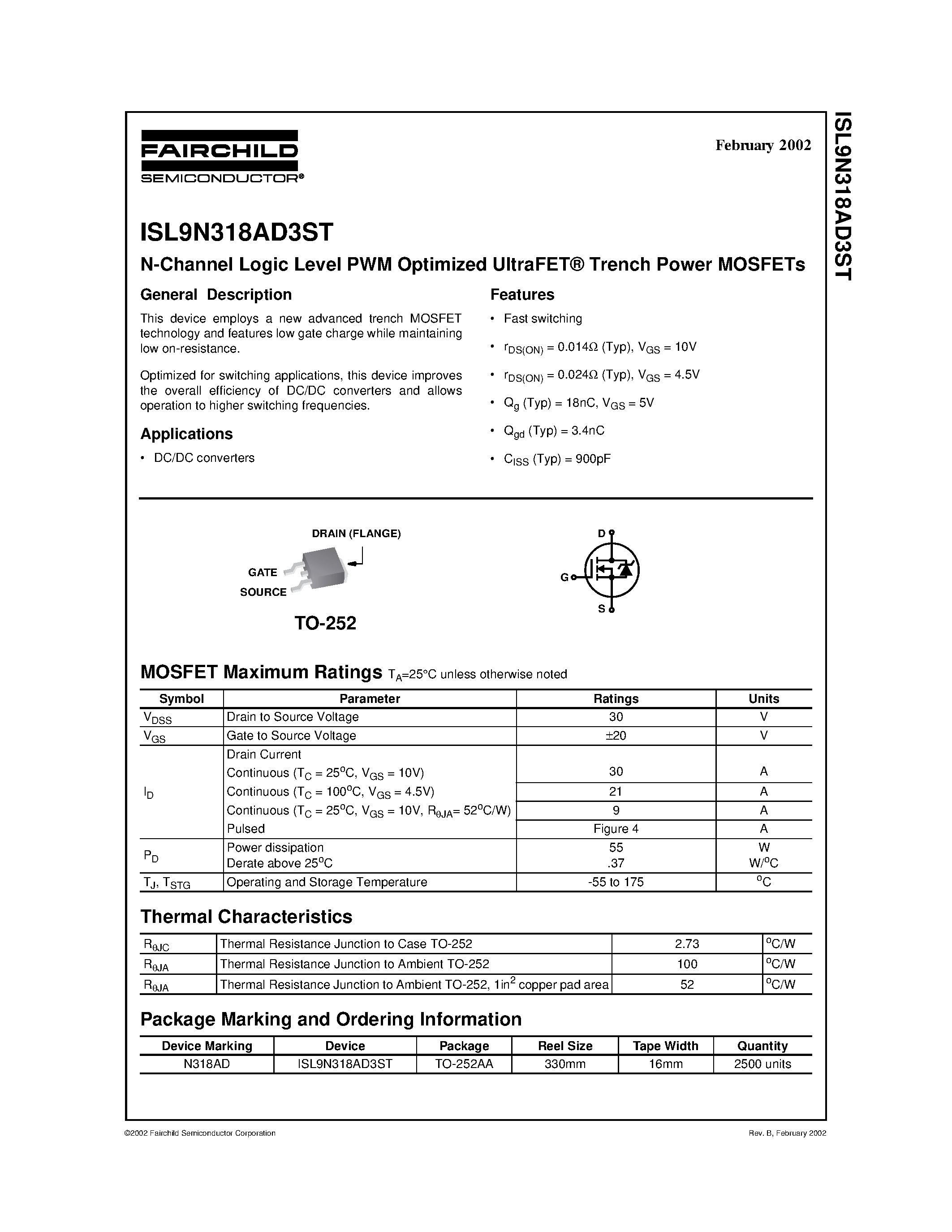 Datasheet ISL9N318AD3ST - N-Channel Logic Level PWM Optimized UltraFET Trench Power MOSFETs page 1