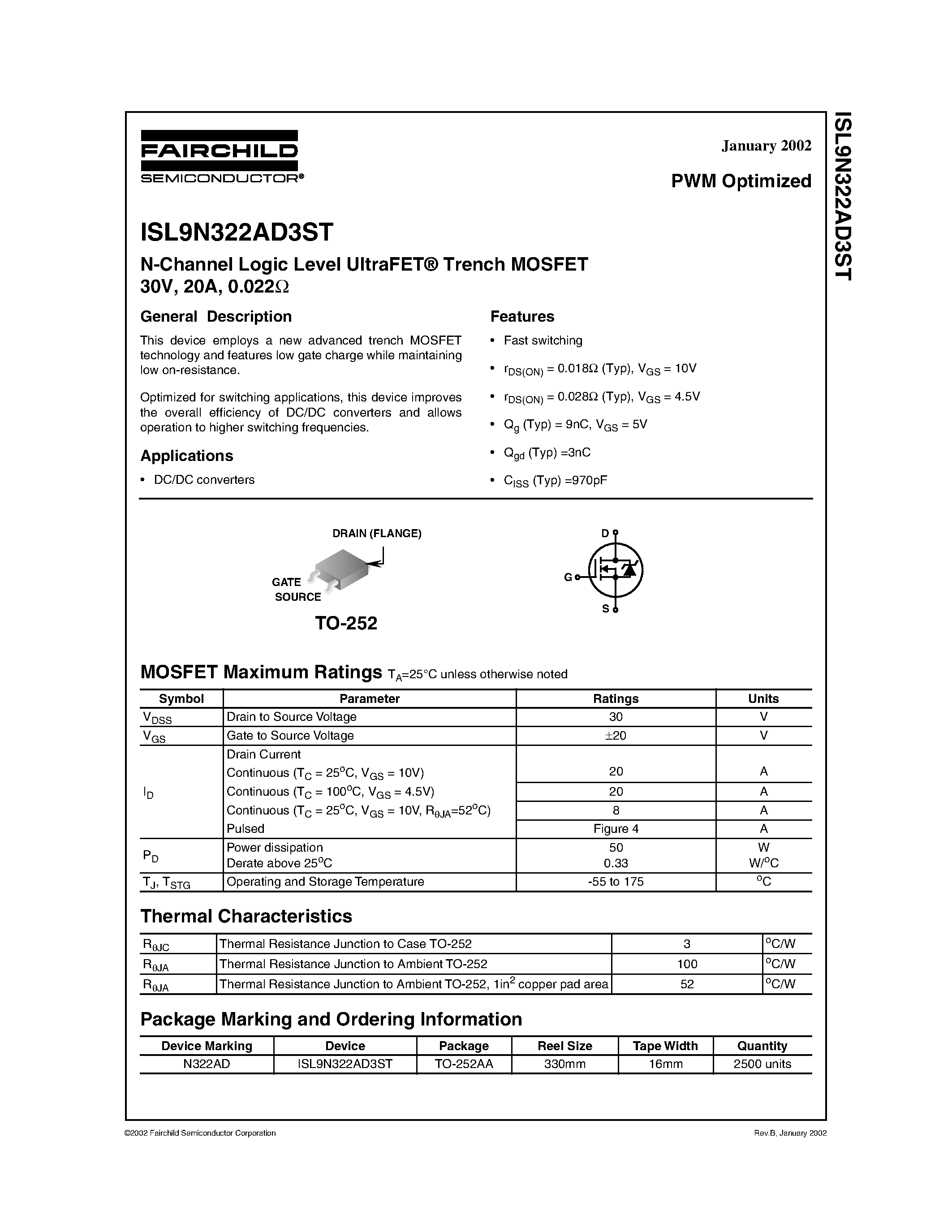 Datasheet ISL9N322AD3ST - N-Channel Logic Level UltraFET Trench MOSFET 30V/ 20A/ 0.022 page 1