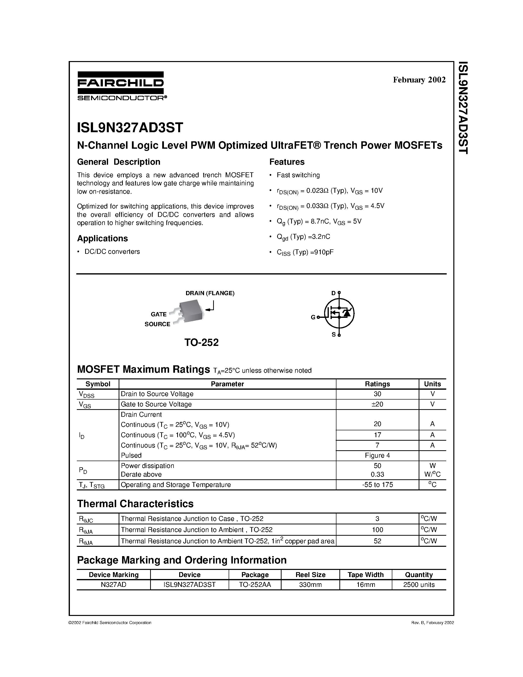 Datasheet ISL9N327AD3ST - N-Channel Logic Level PWM Optimized UltraFET Trench Power MOSFETs page 1