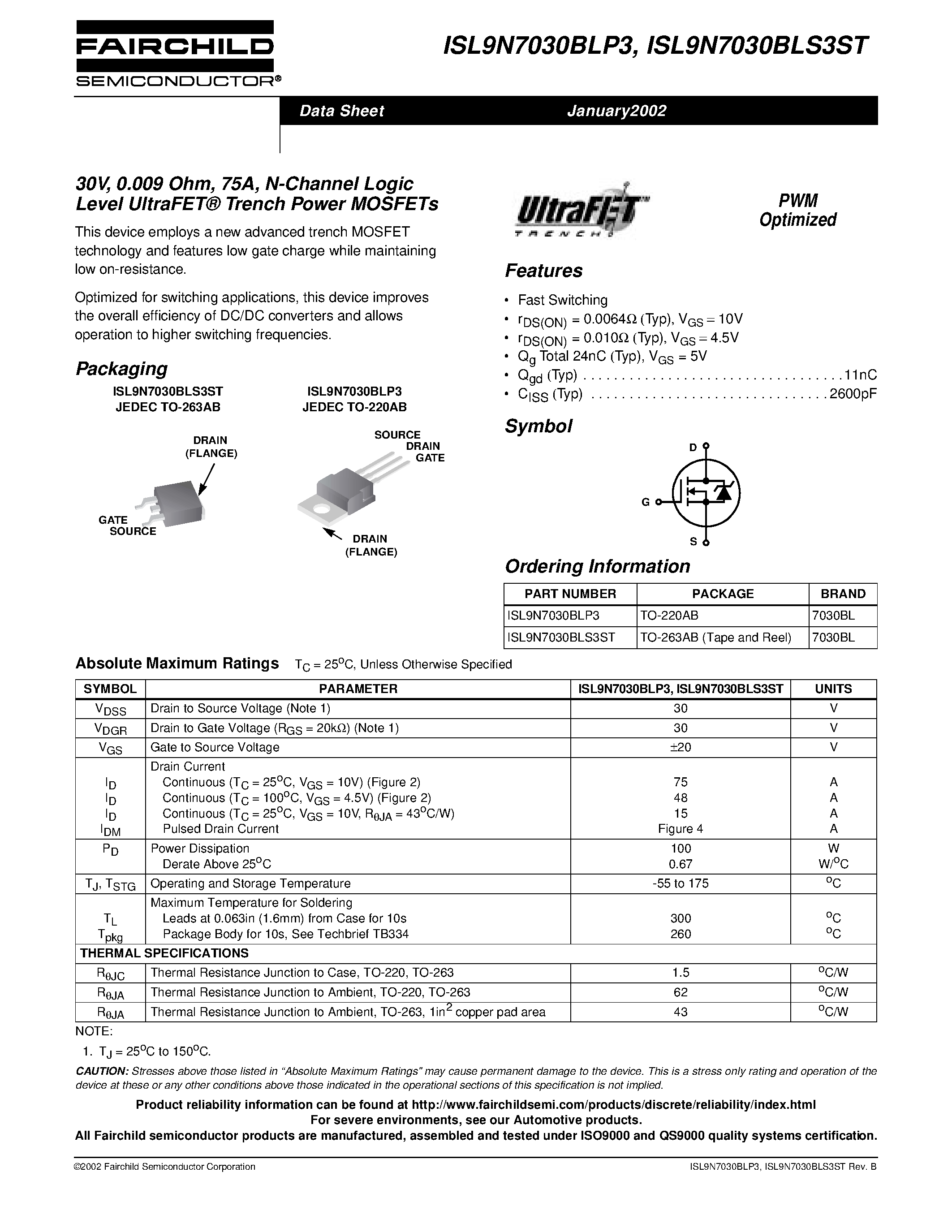 Datasheet ISL9N7030BLP3 - 30V/ 0.009 Ohm/ 75A/ N-Channel Logic Level UltraFET Trench Power MOSFETs page 1