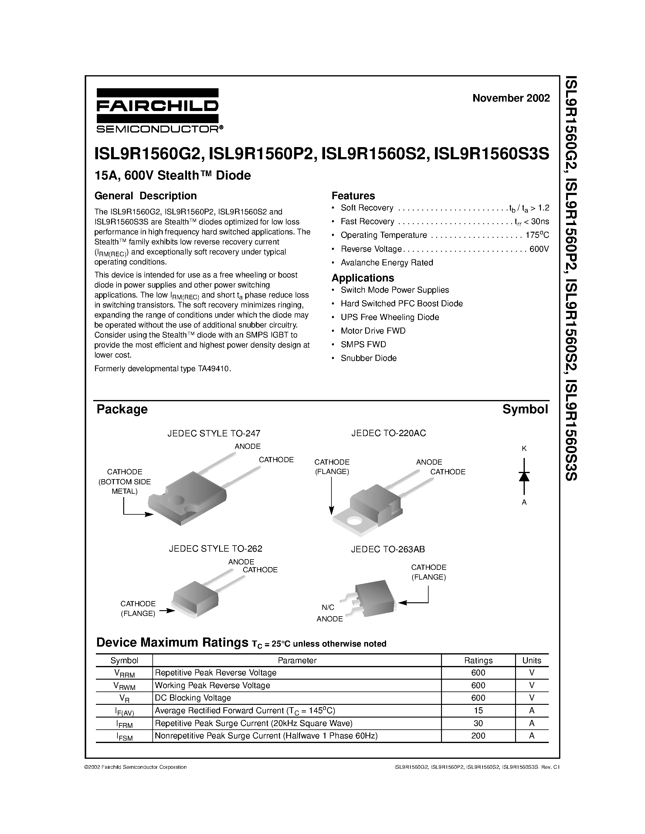 Datasheet ISL9R1560G2 - 15A/ 600V Stealth Diode page 1