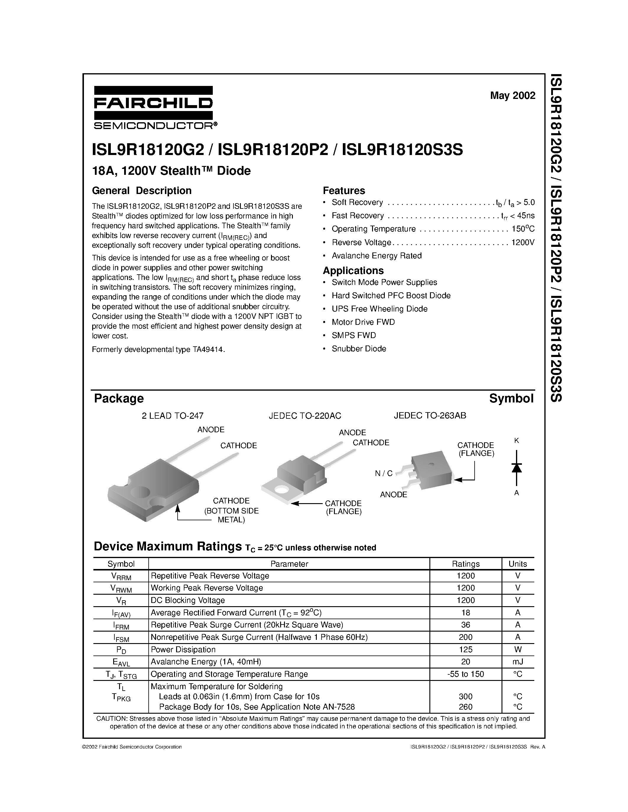 Datasheet ISL9R18120G2 - 18A/ 1200V Stealth Diode page 1