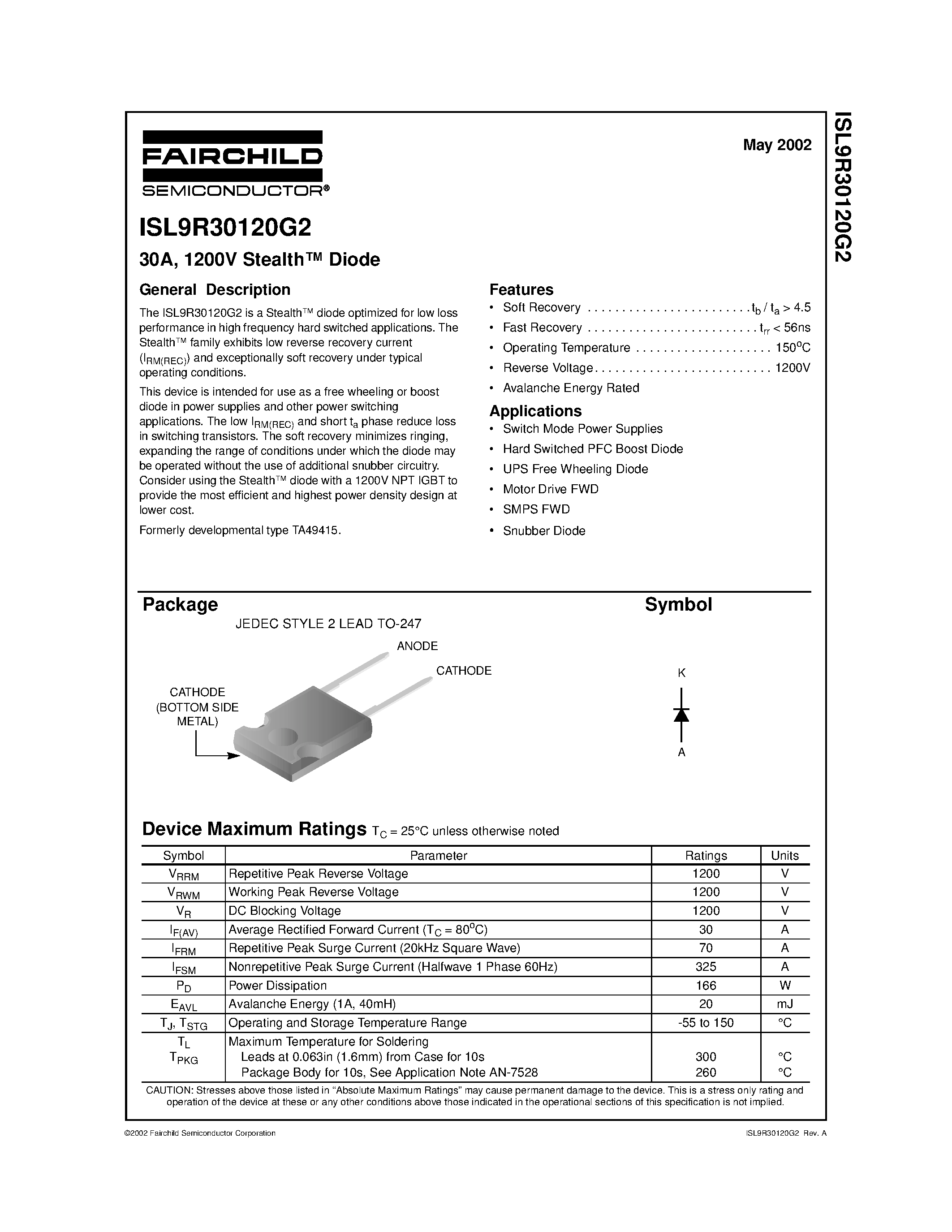 Datasheet ISL9R30120G2 - 30A/ 1200V Stealth Diode page 1