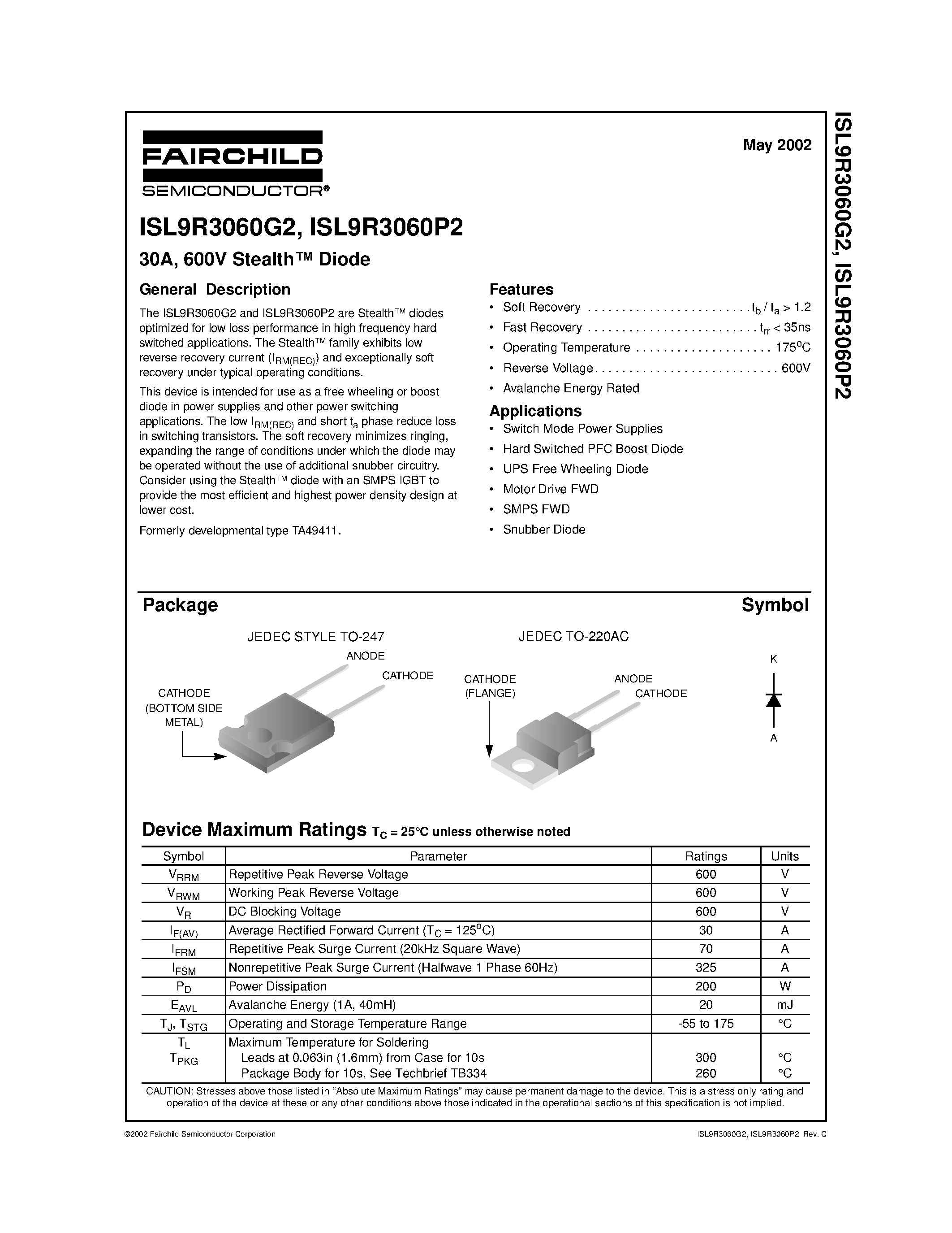 Datasheet ISL9R3060G2 - 30A/ 600V Stealth Diode page 1