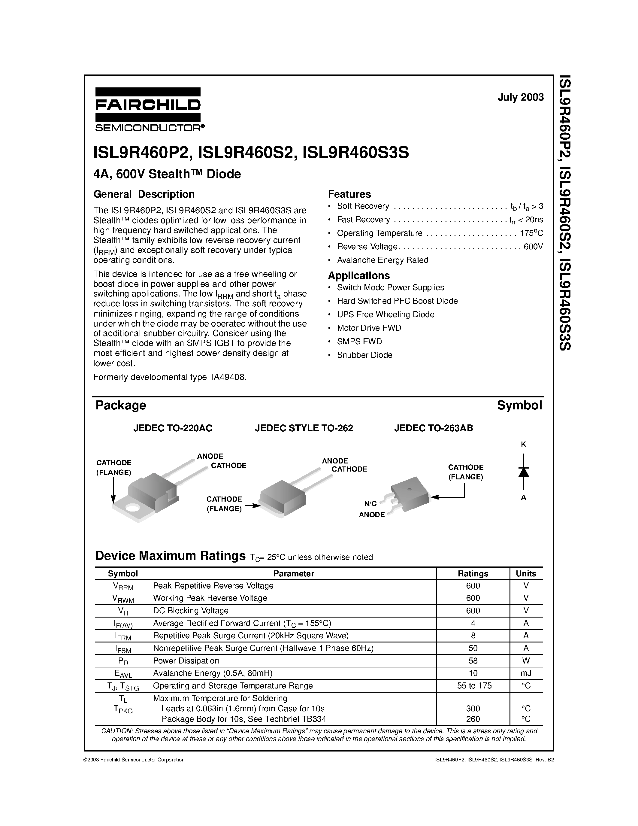 Datasheet ISL9R460S3S - 4A/ 600V Stealth Diode page 1