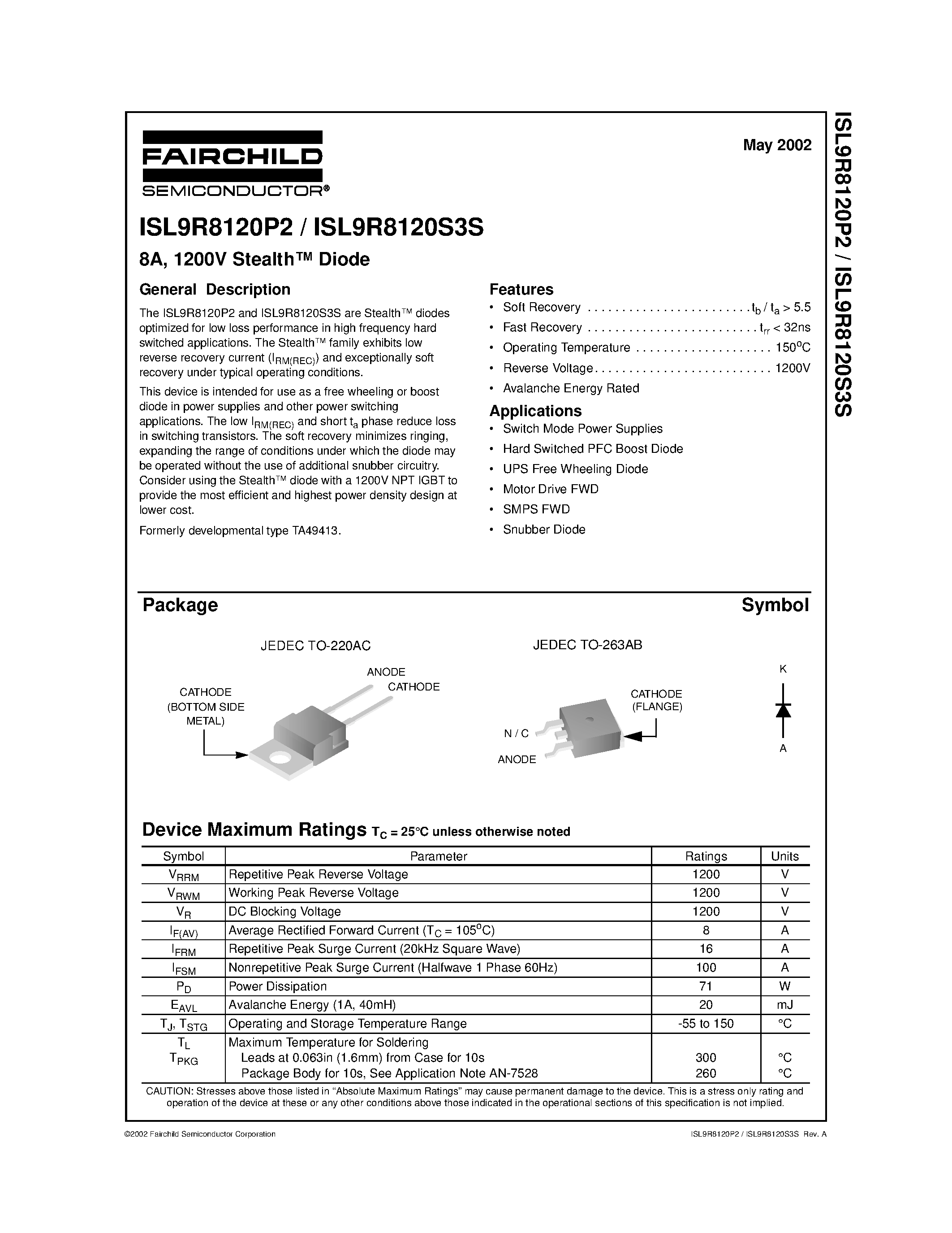 Datasheet ISL9R8120P2 - 8A/ 1200V Stealth Diode page 1