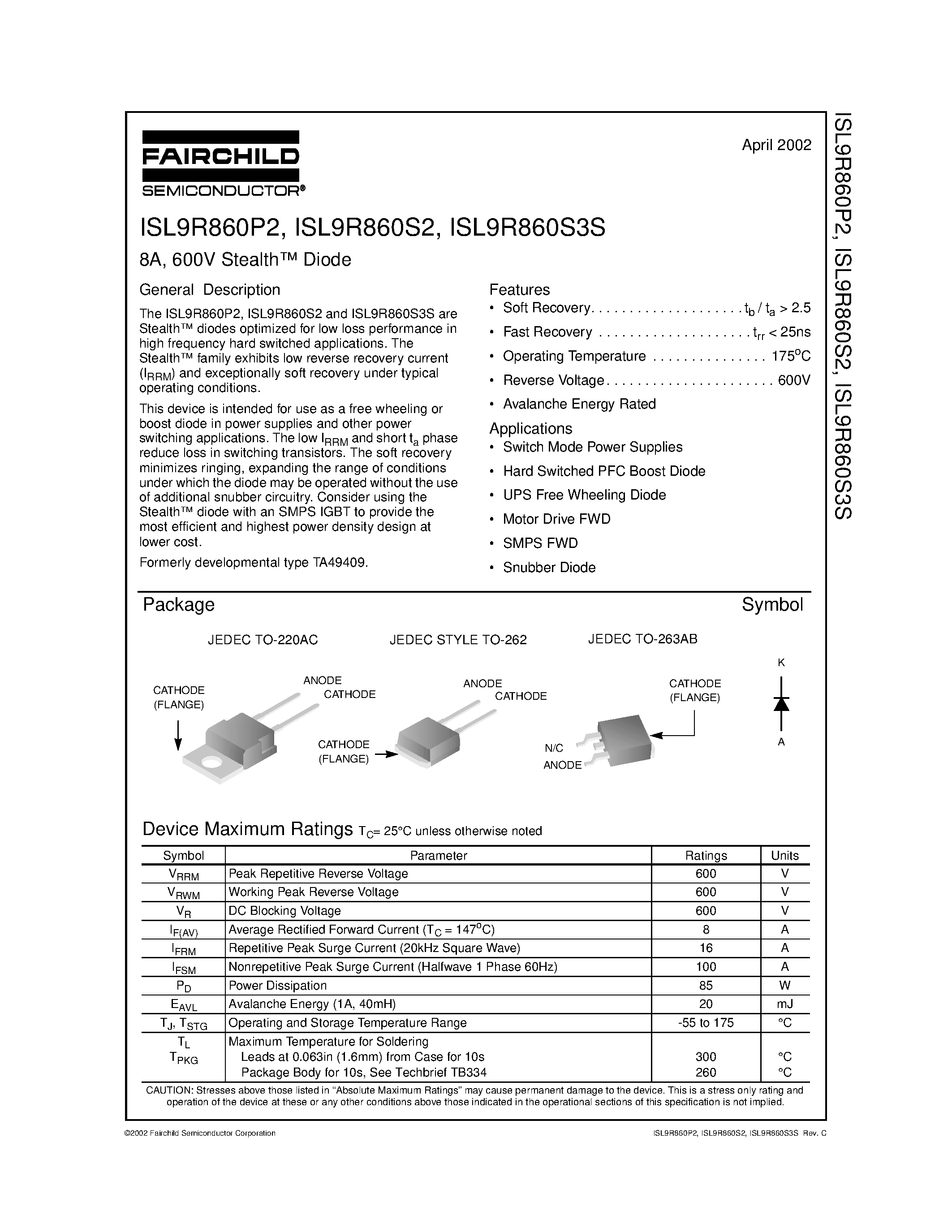 Datasheet ISL9R860P2 - 8A/ 600V Stealth Diode page 1