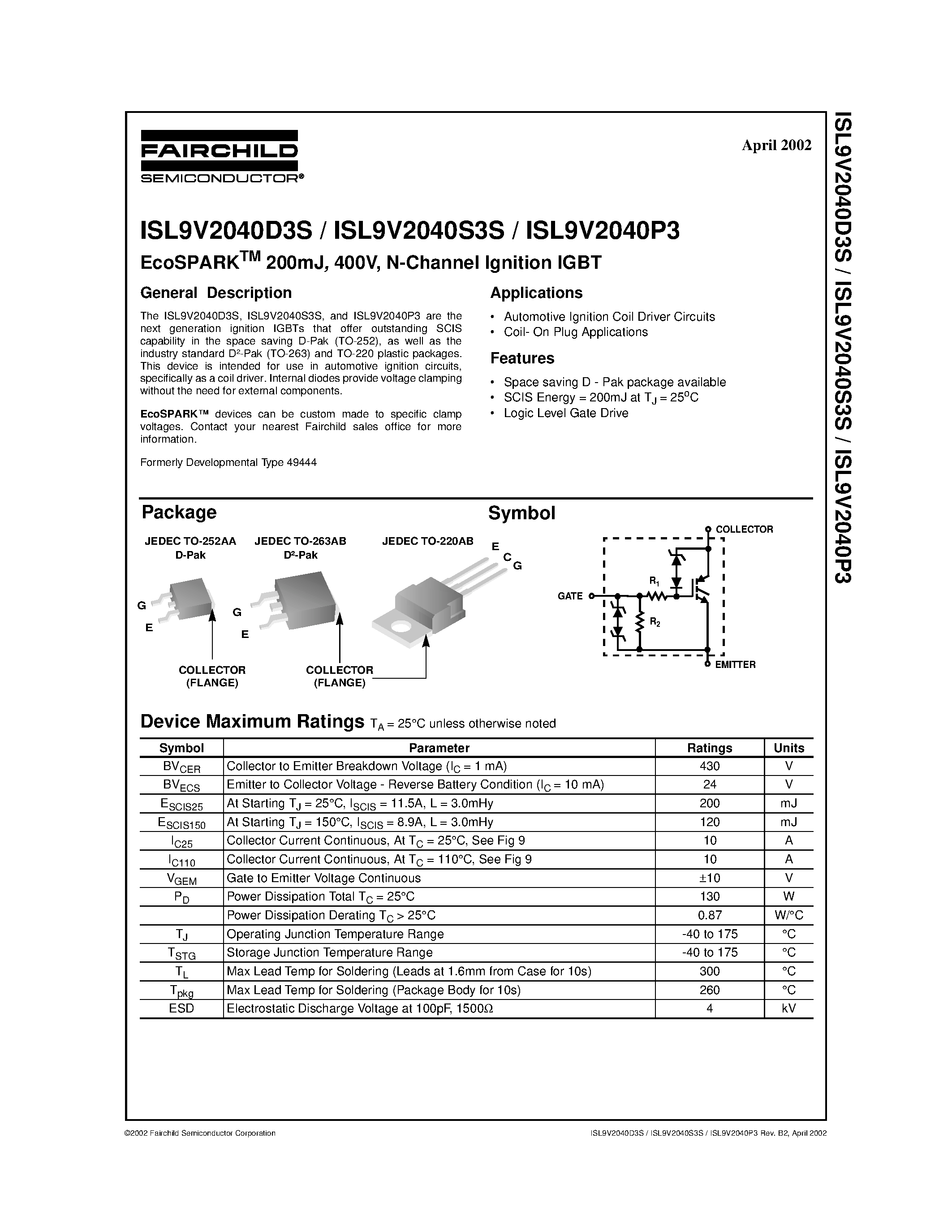 Datasheet ISL9V2040D3S - EcoSPARKTM 200mJ/ 400V/ N-Channel Ignition IGBT page 1