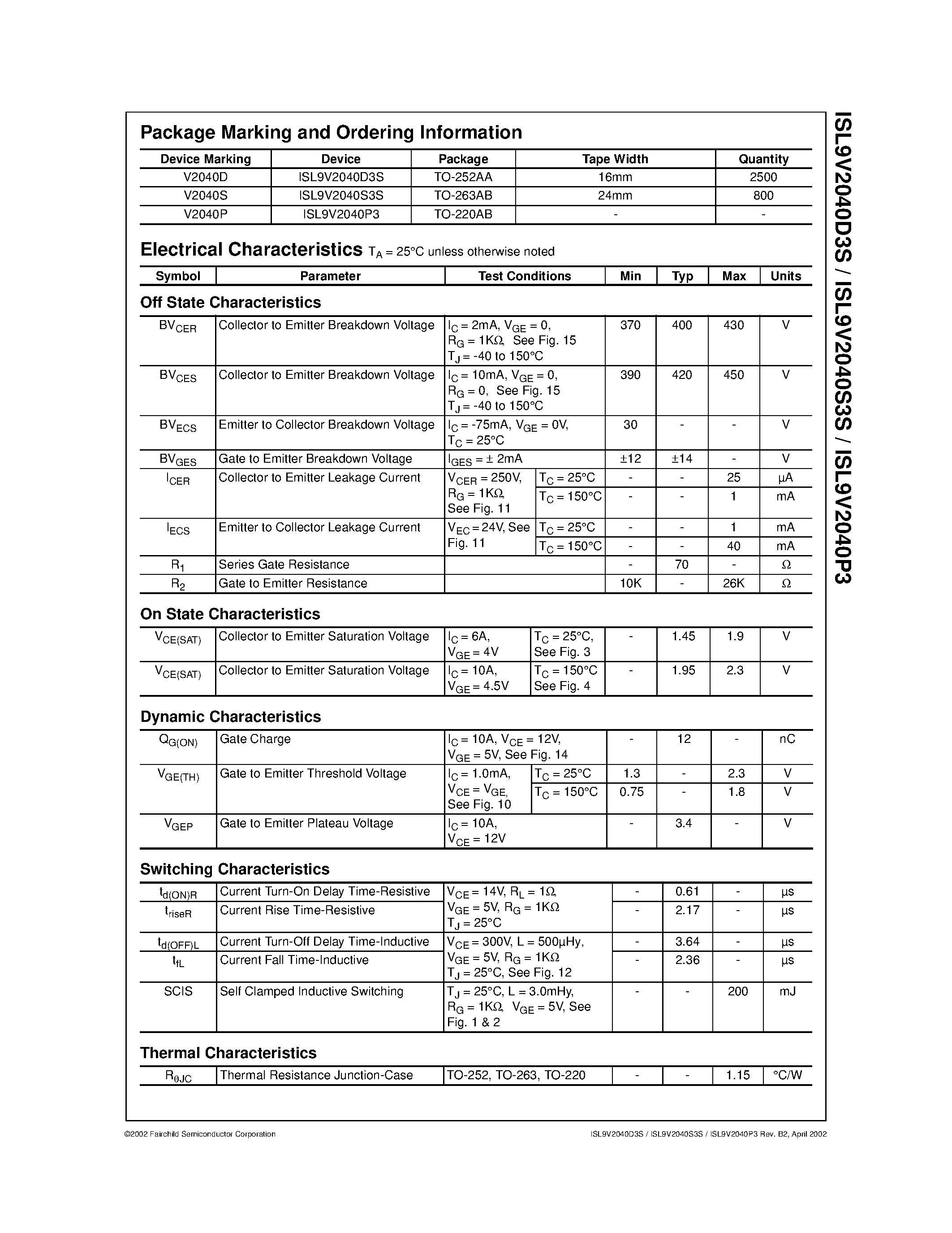 Datasheet ISL9V2040D3S - EcoSPARKTM 200mJ/ 400V/ N-Channel Ignition IGBT page 2