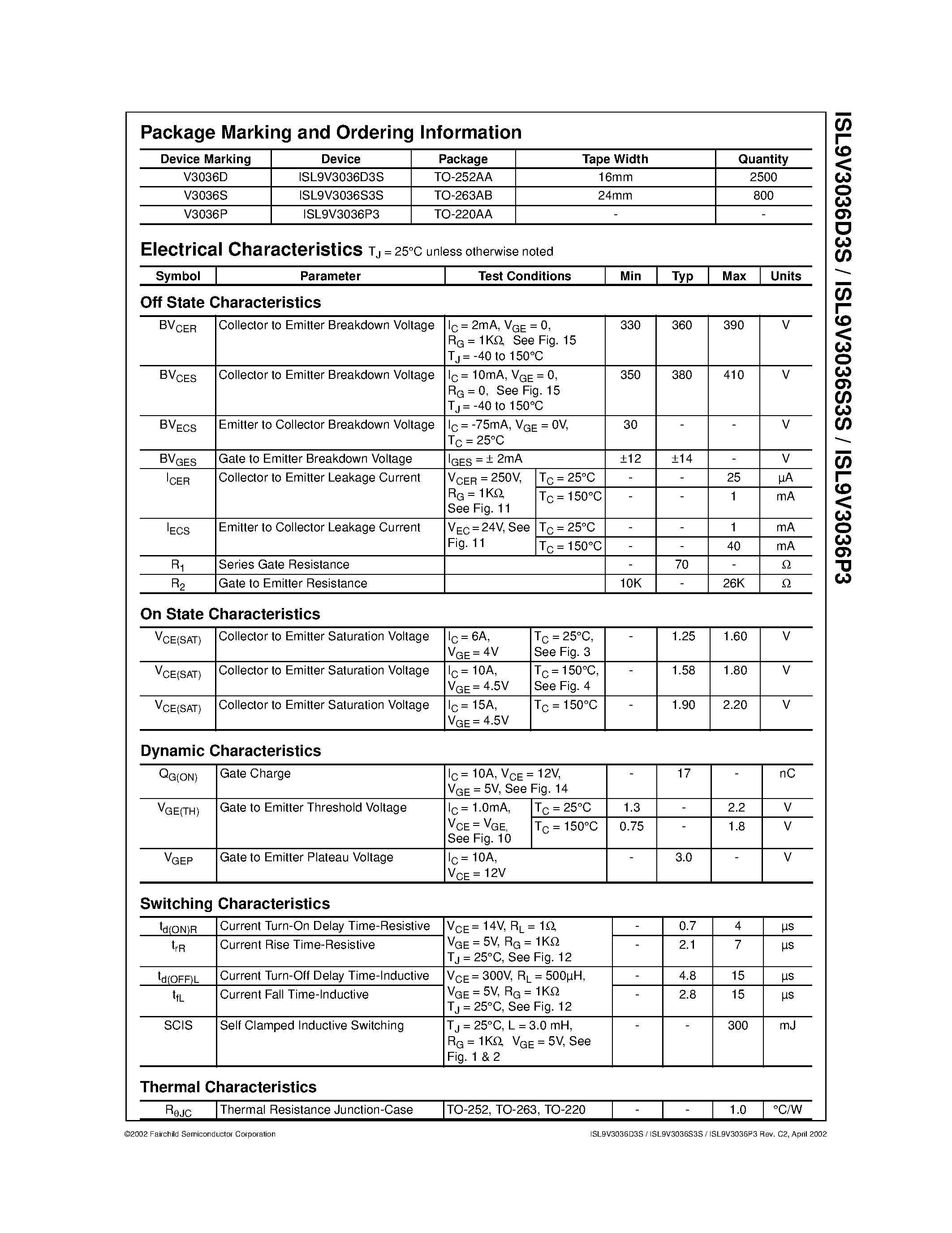 Datasheet ISL9V3036D3S - EcoSPARKTM 300mJ/ 360V/ N-Channel Ignition IGBT page 2