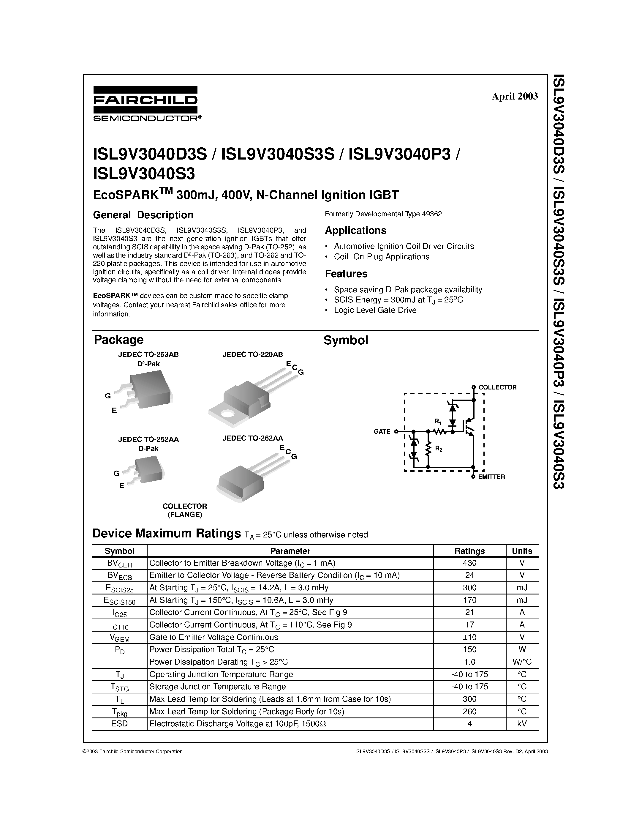 Datasheet ISL9V3040D3S - EcoSPARKTM 300mJ/ 400V/ N-Channel Ignition IGBT page 1