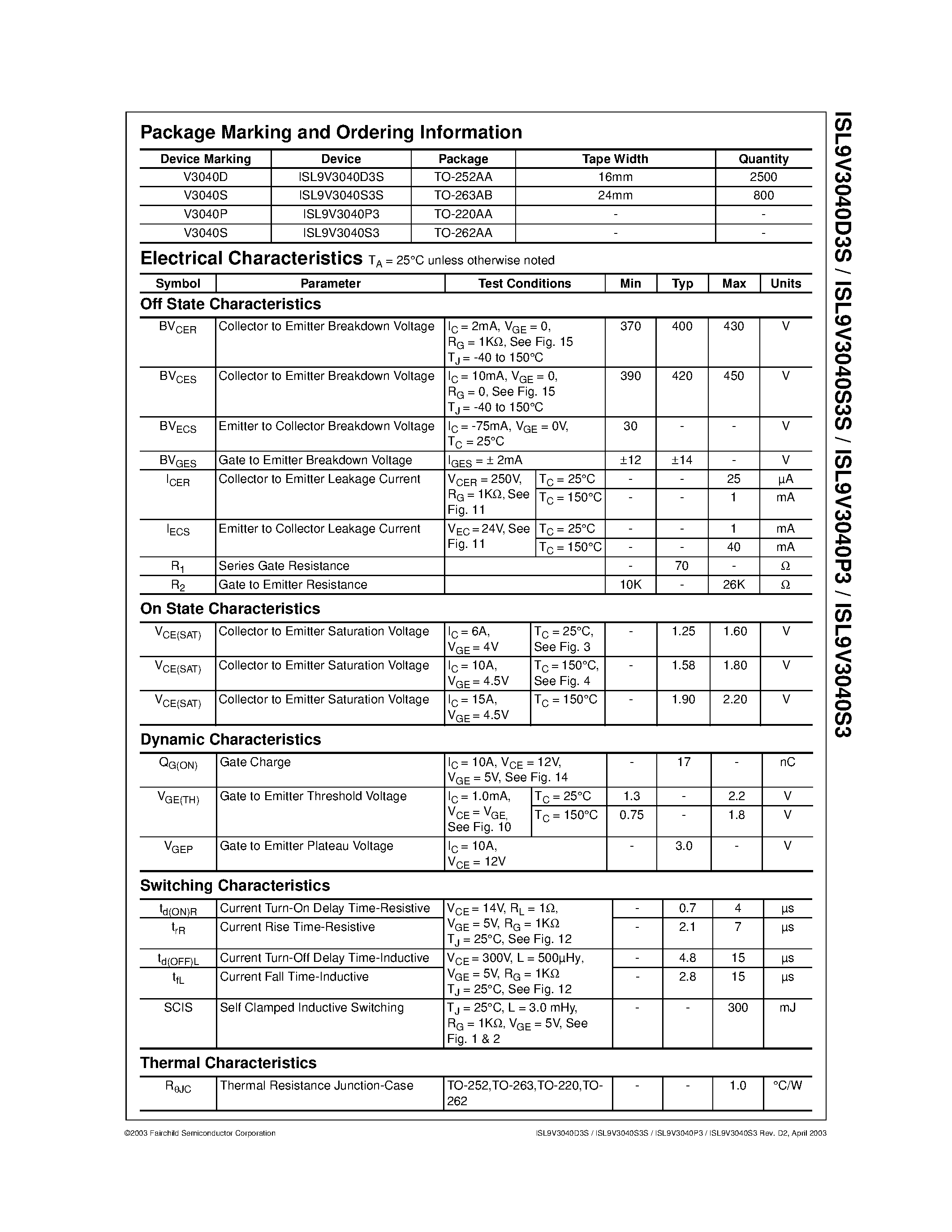 Datasheet ISL9V3040D3S - EcoSPARKTM 300mJ/ 400V/ N-Channel Ignition IGBT page 2