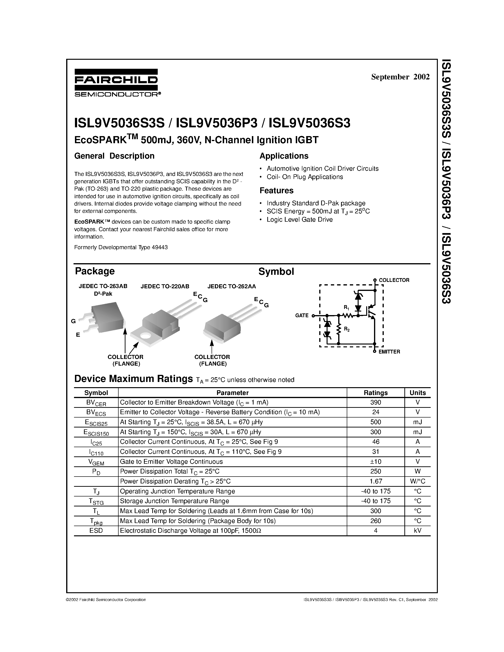 Datasheet ISL9V5036P3 - EcoSPARKTM 500mJ/ 360V/ N-Channel Ignition IGBT page 1