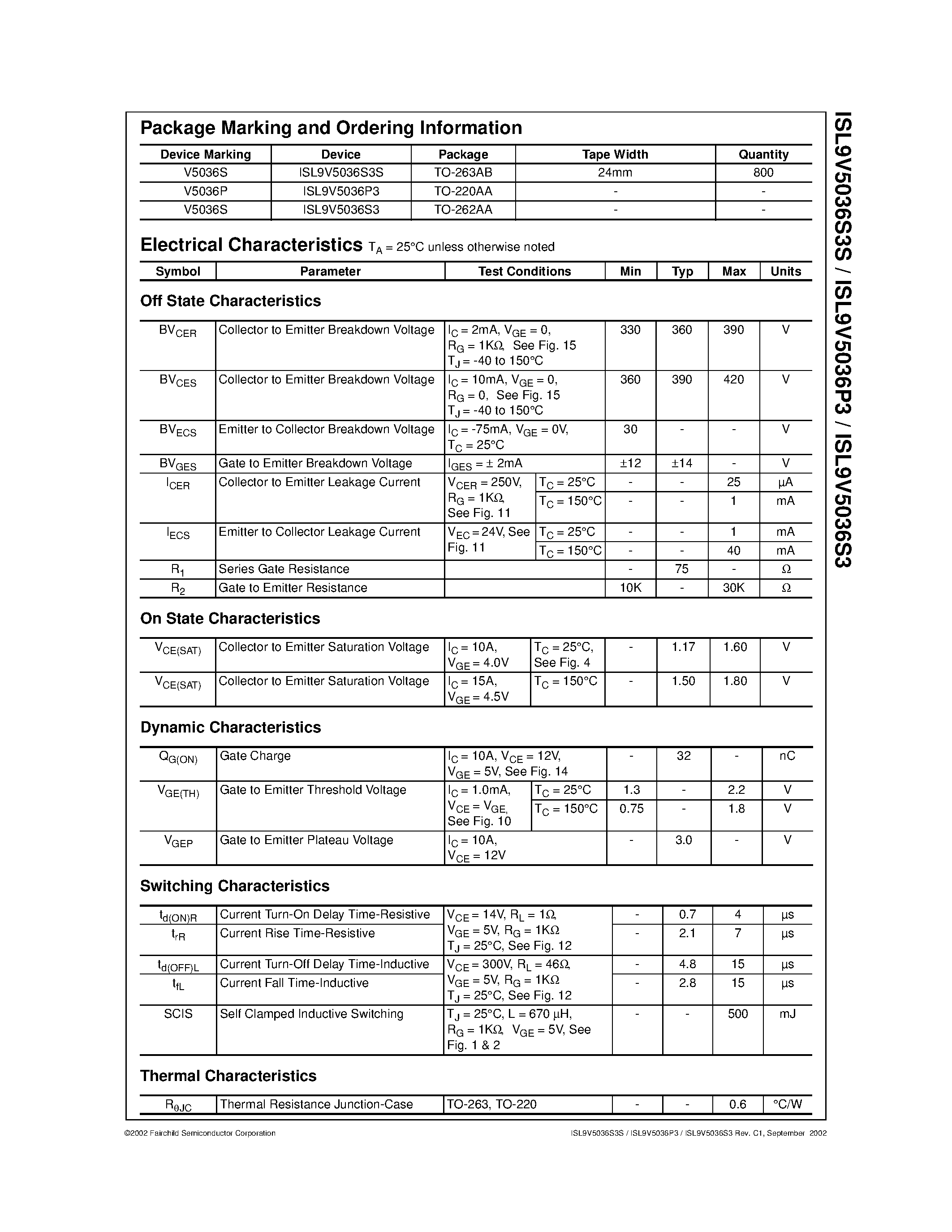 Datasheet ISL9V5036P3 - EcoSPARKTM 500mJ/ 360V/ N-Channel Ignition IGBT page 2