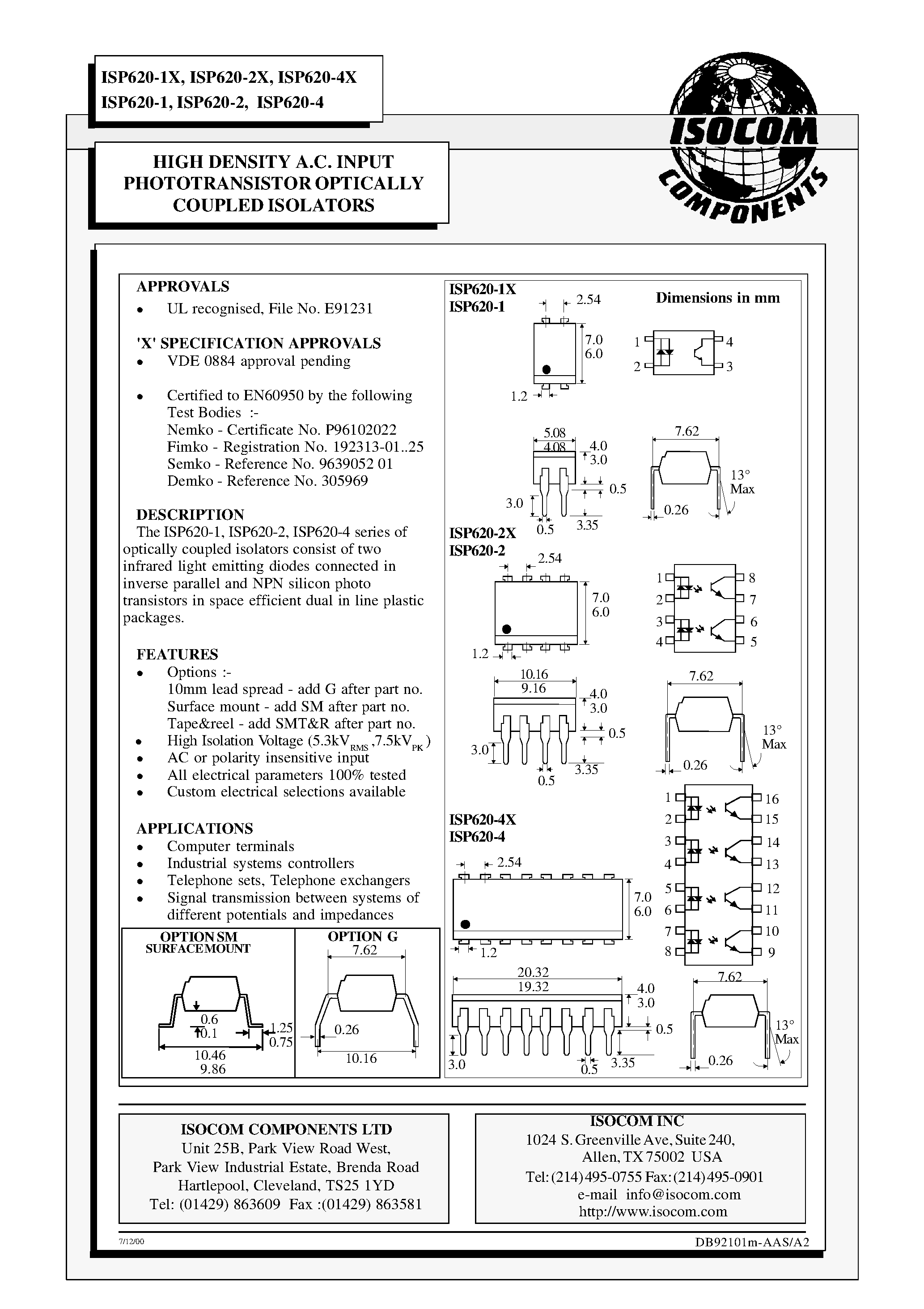 Datasheet ISP620-1 - HIGH DENSITY A.C. INPUT PHOTOTRANSISTOR OPTICALLY COUPLED ISOLATORS page 1