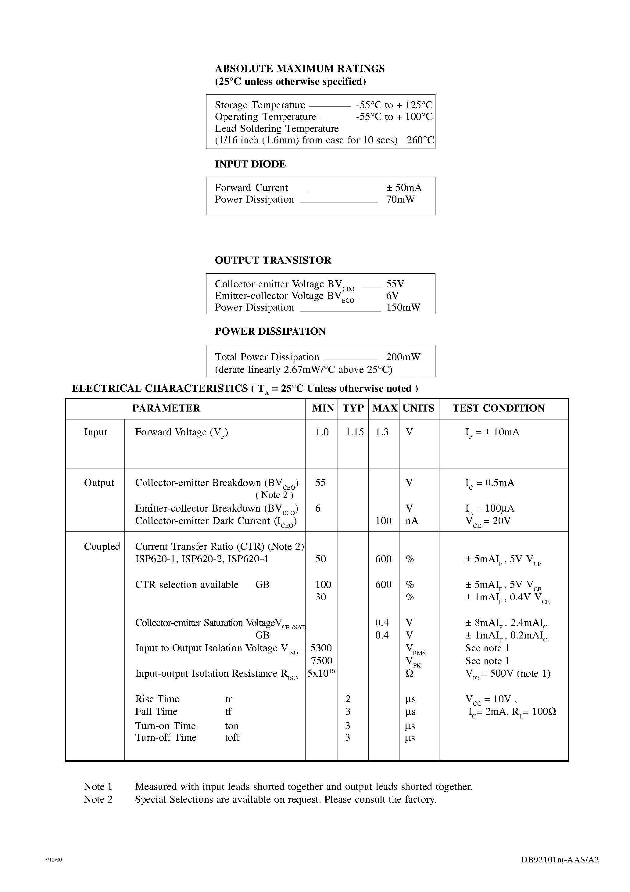 Datasheet ISP620-1 - HIGH DENSITY A.C. INPUT PHOTOTRANSISTOR OPTICALLY COUPLED ISOLATORS page 2